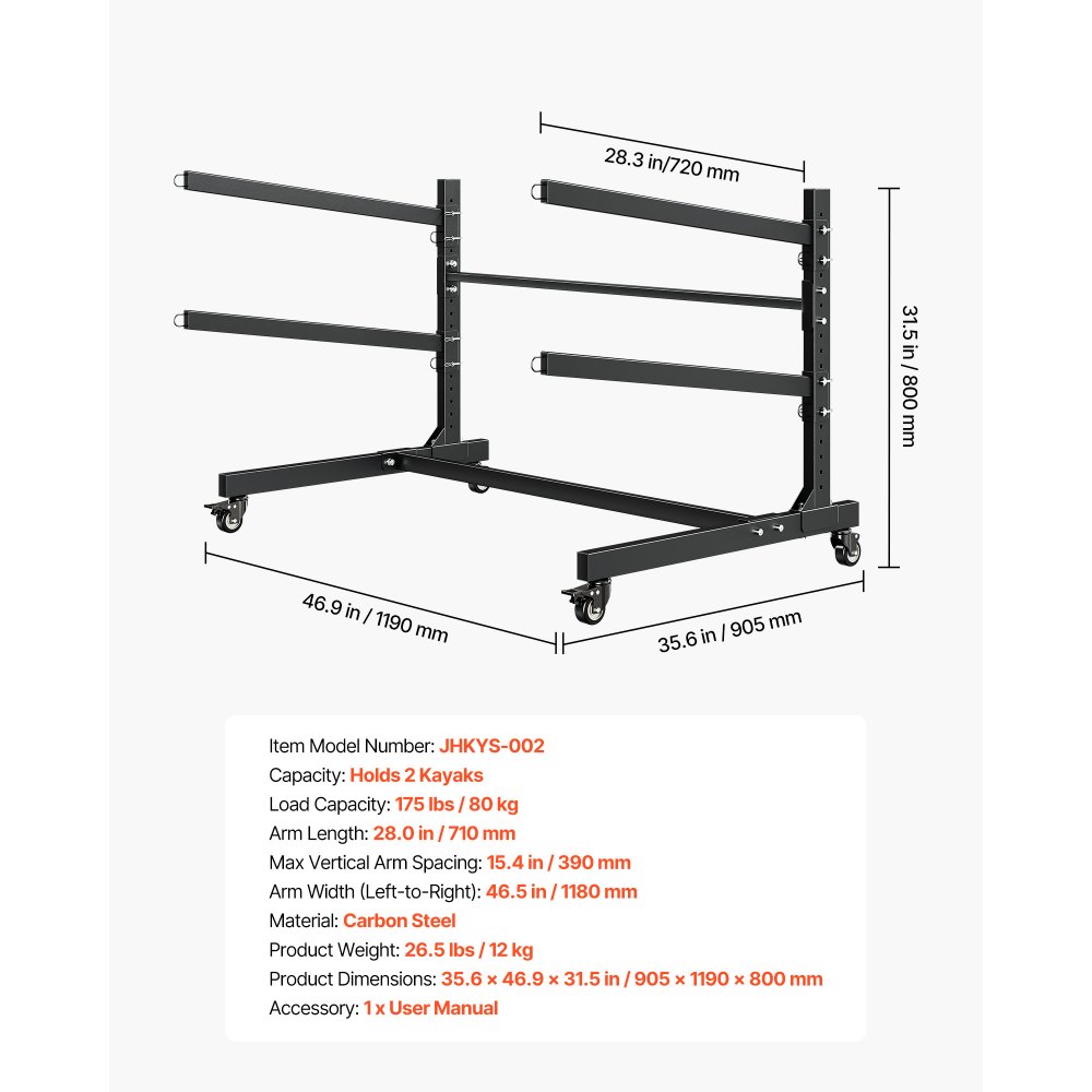 VEVOR Vrijstaande kajakopbergrek voor 2 kajaks/kano's/surfplanken/paddleboards, kajakstandaard met vergrendelbare wielen voor binnen- en buitengebruik, verstelbare kajakhouder 80 kg