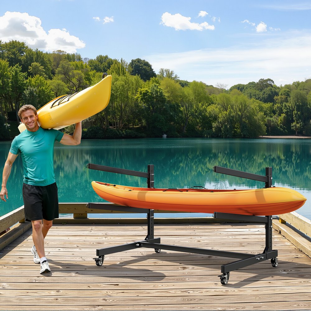 VEVOR Vrijstaande kajakopbergrek voor 2 kajaks/kano's/surfplanken/paddleboards, kajakstandaard met vergrendelbare wielen voor binnen- en buitengebruik, verstelbare kajakhouder 80 kg