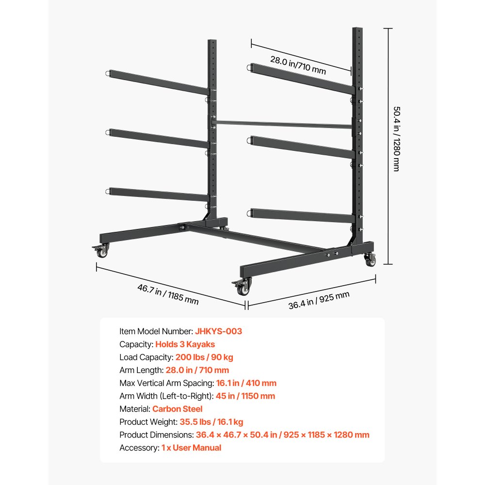 VEVOR Vrijstaande kajakopbergrek voor 3 kajaks/kano's/surfplanken/paddleboards, kajakstandaard met vergrendelbare wielen voor binnen- en buitengebruik, verstelbare kajakhouder 90 kg