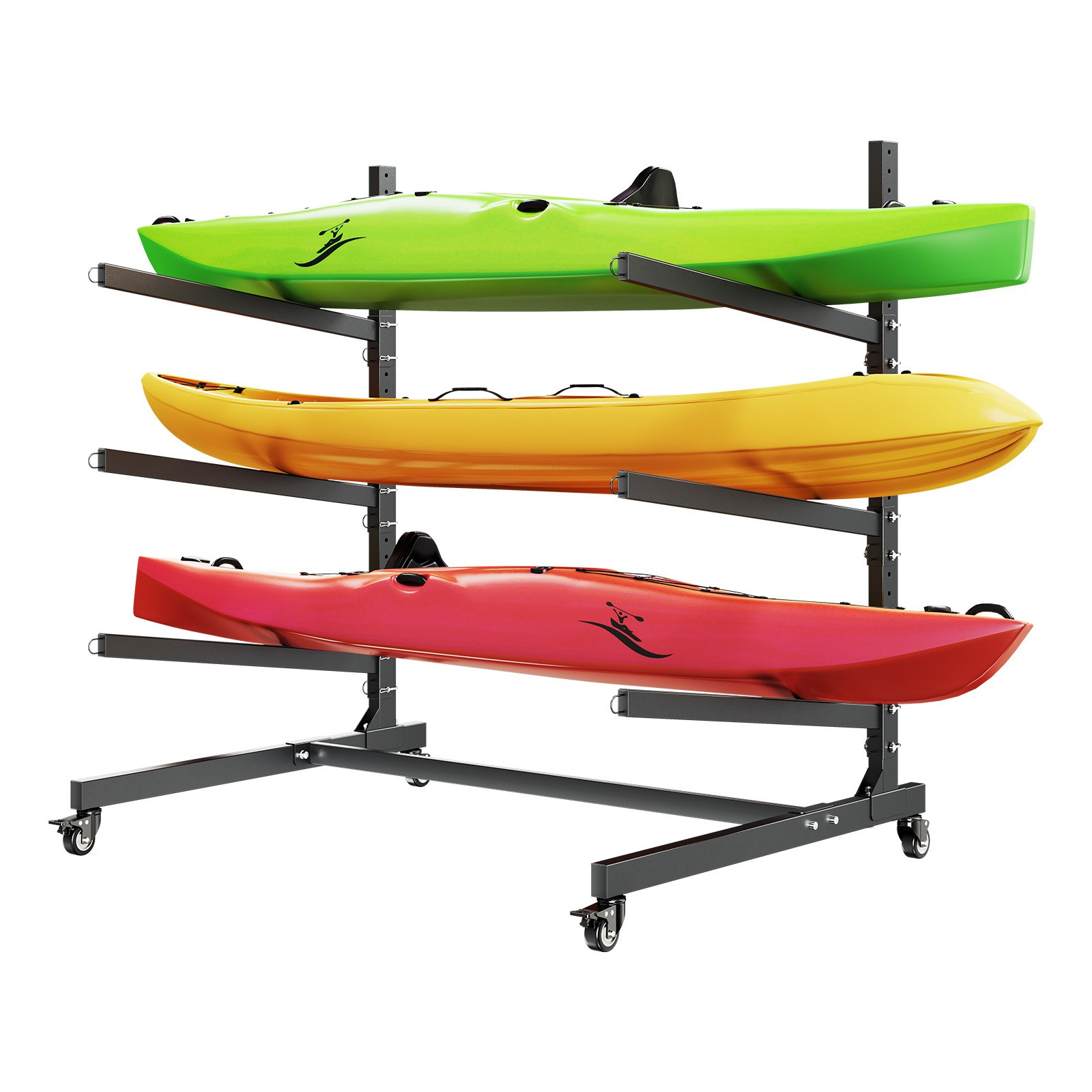 VEVOR Vrijstaande kajakopbergrek voor 3 kajaks/kano's/surfplanken/paddleboards, kajakstandaard met vergrendelbare wielen voor binnen- en buitengebruik, verstelbare kajakhouder 90 kg