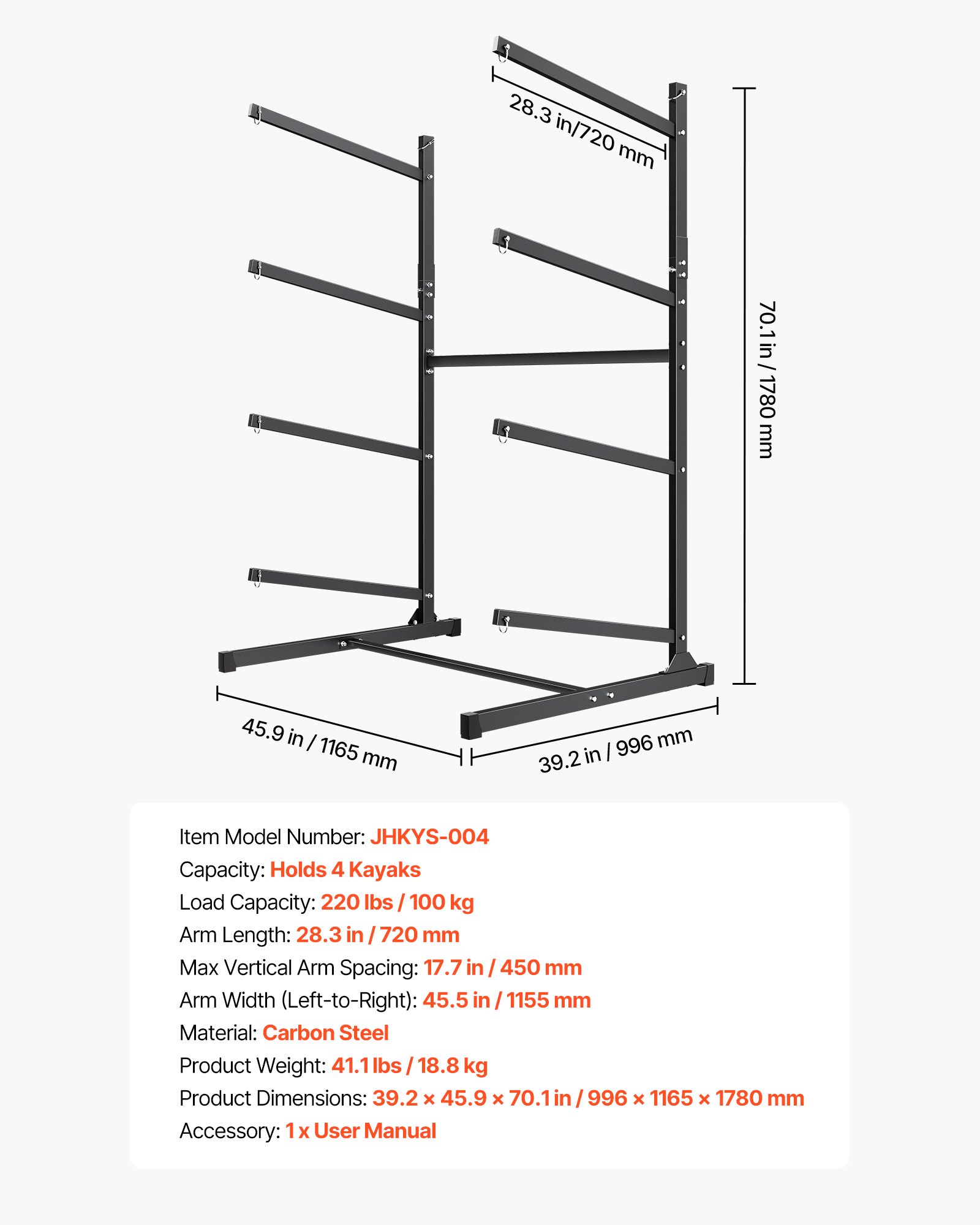 VEVOR Vrijstaande kajakopbergstandaard voor 4 kajaks/kano's/surfplanken/paddleboards, kajakstandaard voor binnen- en buitengebruik, verstelbare kajakhouder, draagvermogen van 90 kg.