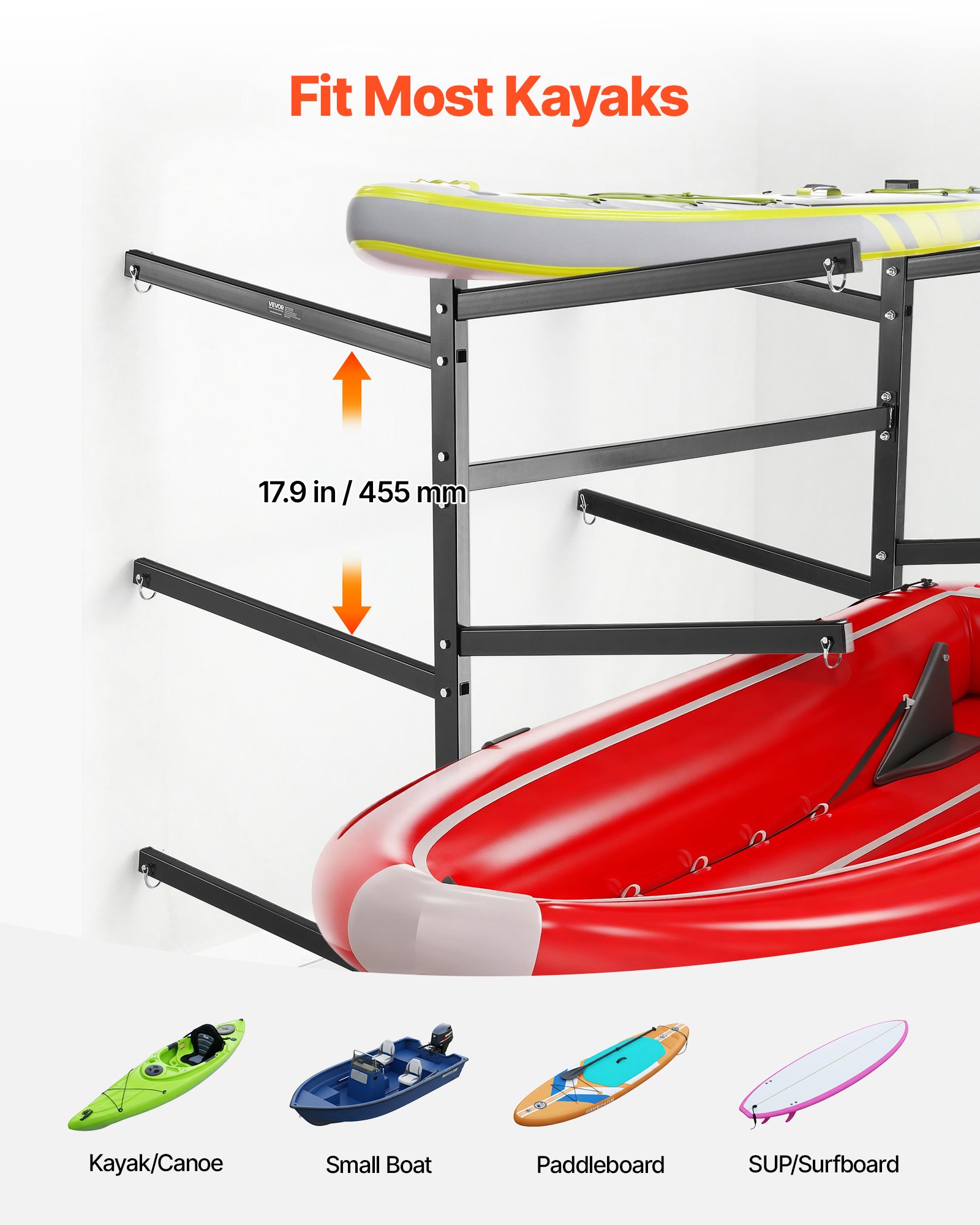 VEVOR Vrijstaande kajakopbergstandaard voor 6 kajaks/kano's/surfplanken/paddleboards, kajakstandaard voor binnen- en buitengebruik, robuuste verstelbare kajakhouder met een draagvermogen van 180 kg.