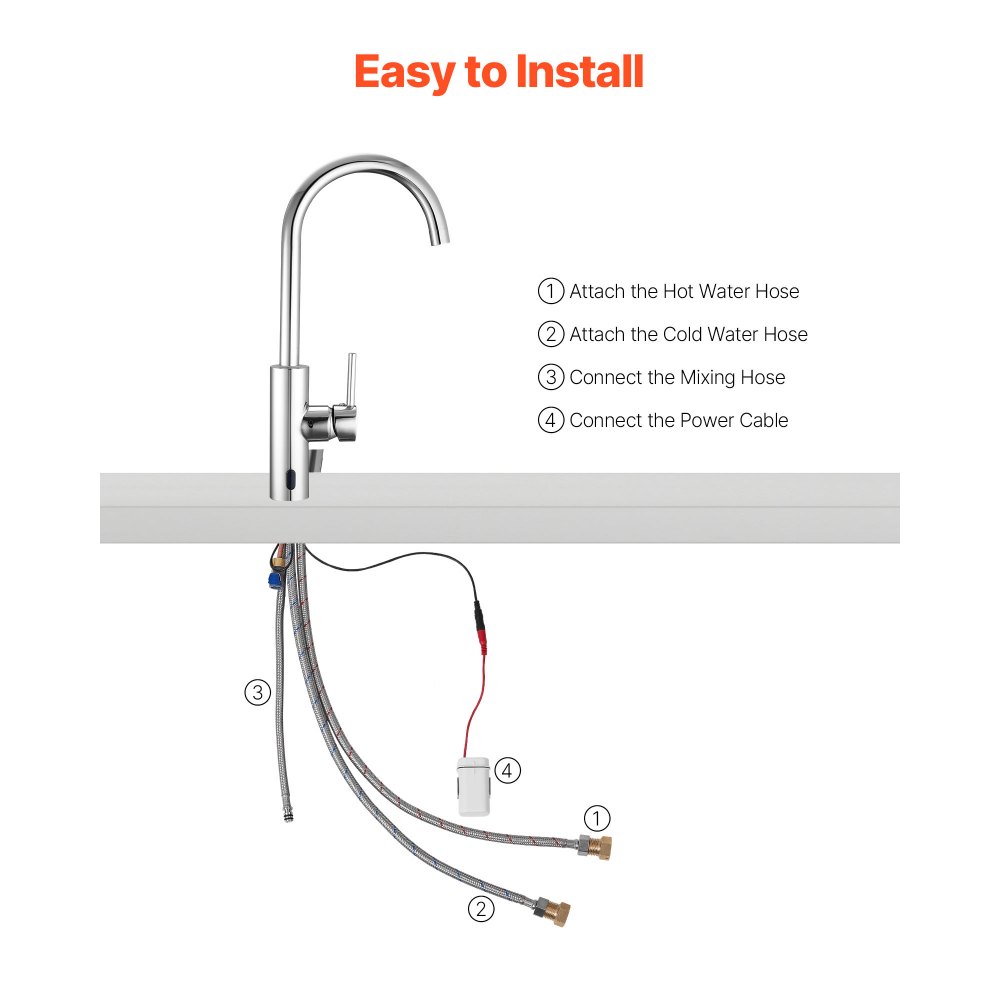 VEVOR Touchless Kitchen Bar Sink Faucet, Single Handle Automatic Motion Sensor Bathroom Faucet, Hands-Free Adjustable Cold Hot Water Mixer Flexible Swivel for 9.5 mm Pipe,Chrome Plated Silver