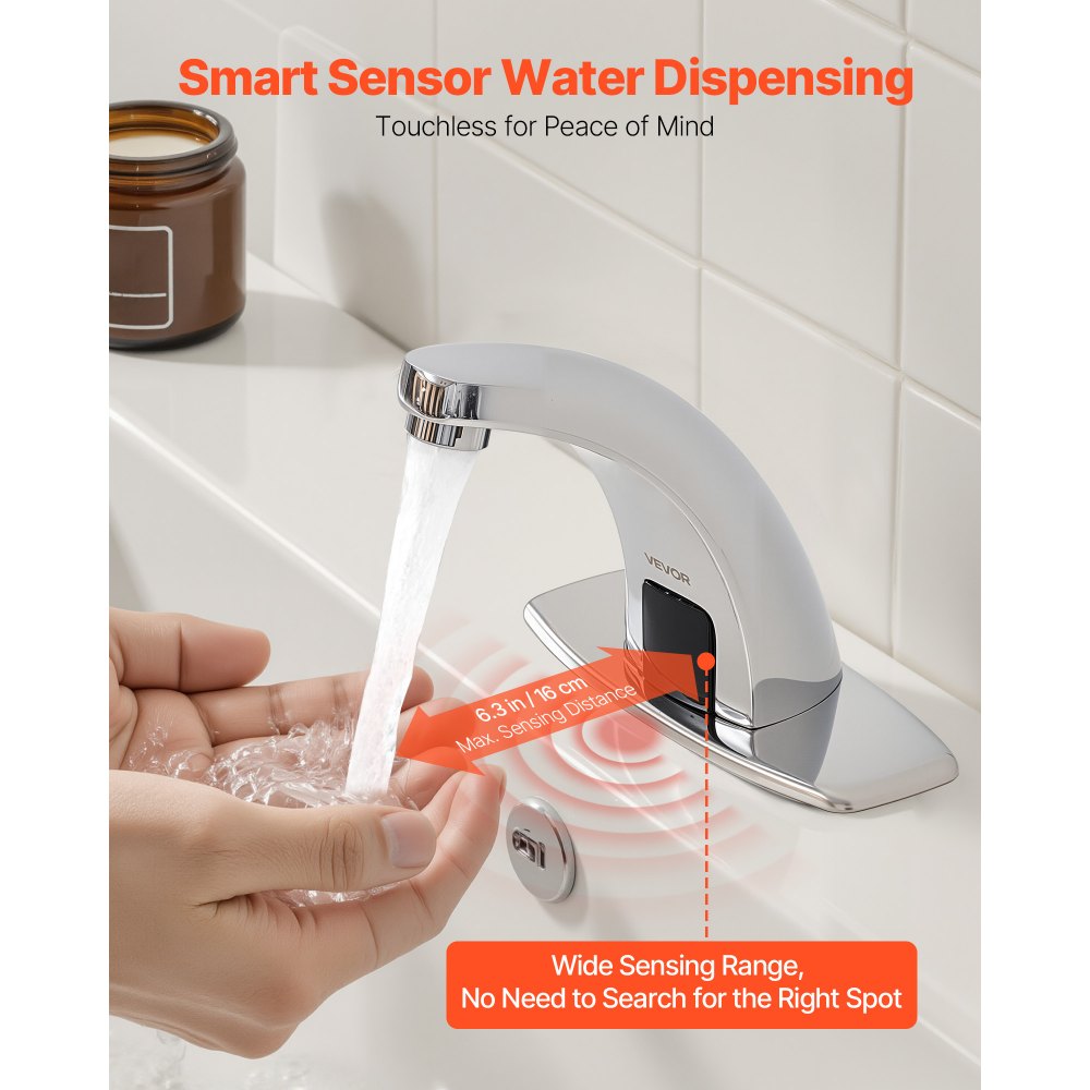 VEVOR Touchless Bathroom Sink Faucet, Automatic Motion Sensor Restroom Toilet Faucet Cold Water with Hole Cover Plate, Battery Operated for 9.5 mm Pipe Commercial Lavatory,Chrome Plated Silver,G233