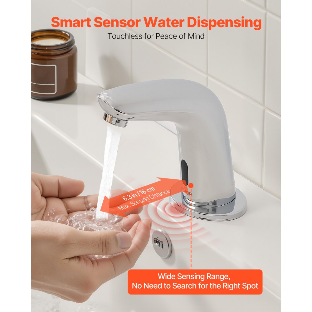 VEVOR Aanraakloze wastafelkraan (verchroomd zilver G112M) Badkamer, wastafelkraan met sensor en afdekking, kraan op batterijen, toiletkraan, wastafelkraan