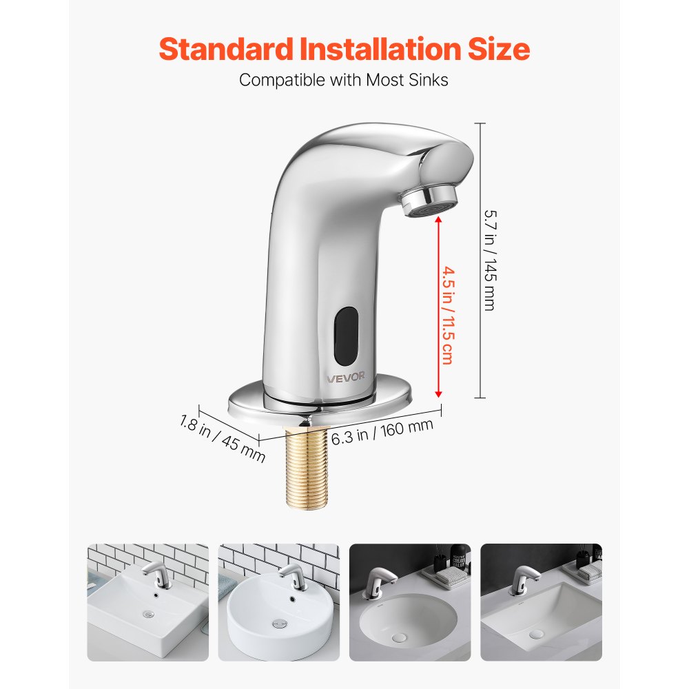 VEVOR Aanraakloze wastafelkraan (verchroomd zilver G112M) Badkamer, wastafelkraan met sensor en afdekking, kraan op batterijen, toiletkraan, wastafelkraan