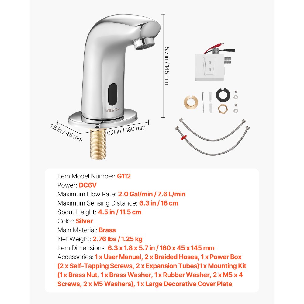 VEVOR Aanraakloze wastafelkraan (verchroomd zilver G112M) Badkamer, wastafelkraan met sensor en afdekking, kraan op batterijen, toiletkraan, wastafelkraan