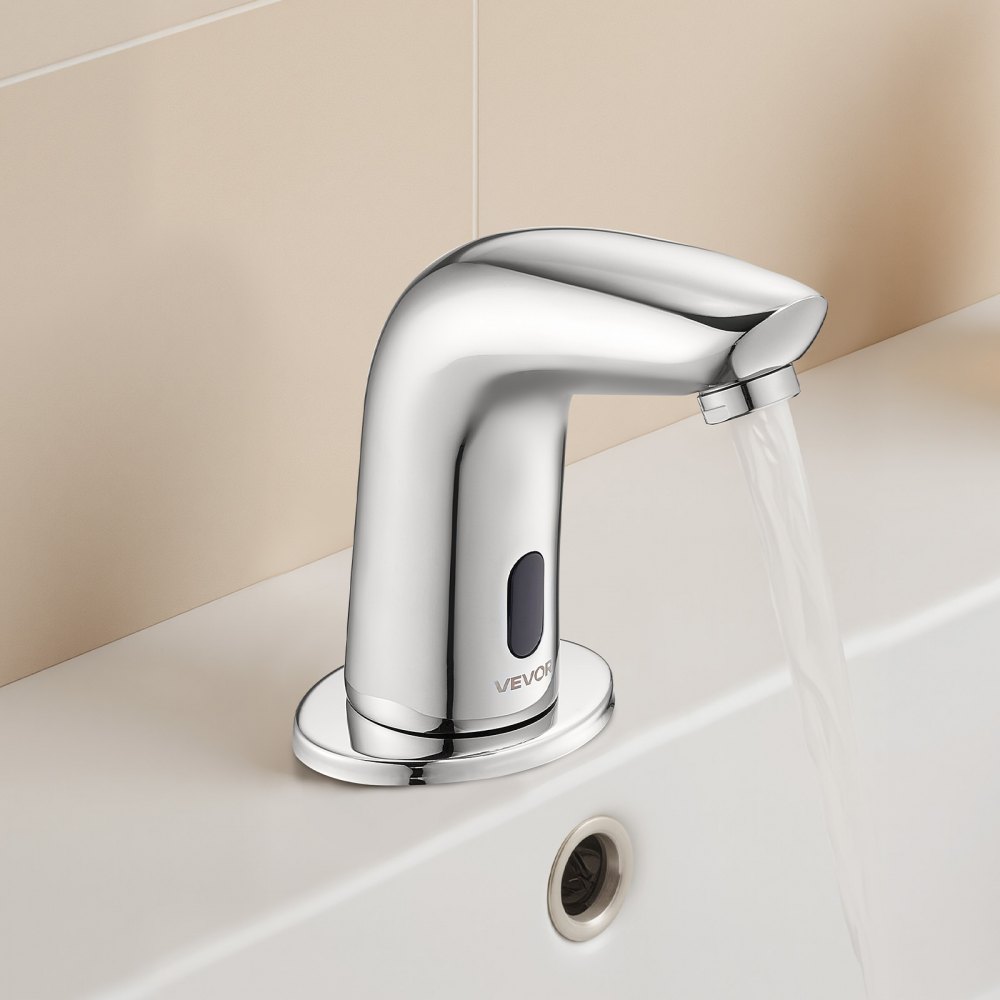 VEVOR Aanraakloze wastafelkraan (verchroomd zilver G112M) Badkamer, wastafelkraan met sensor en afdekking, kraan op batterijen, toiletkraan, wastafelkraan