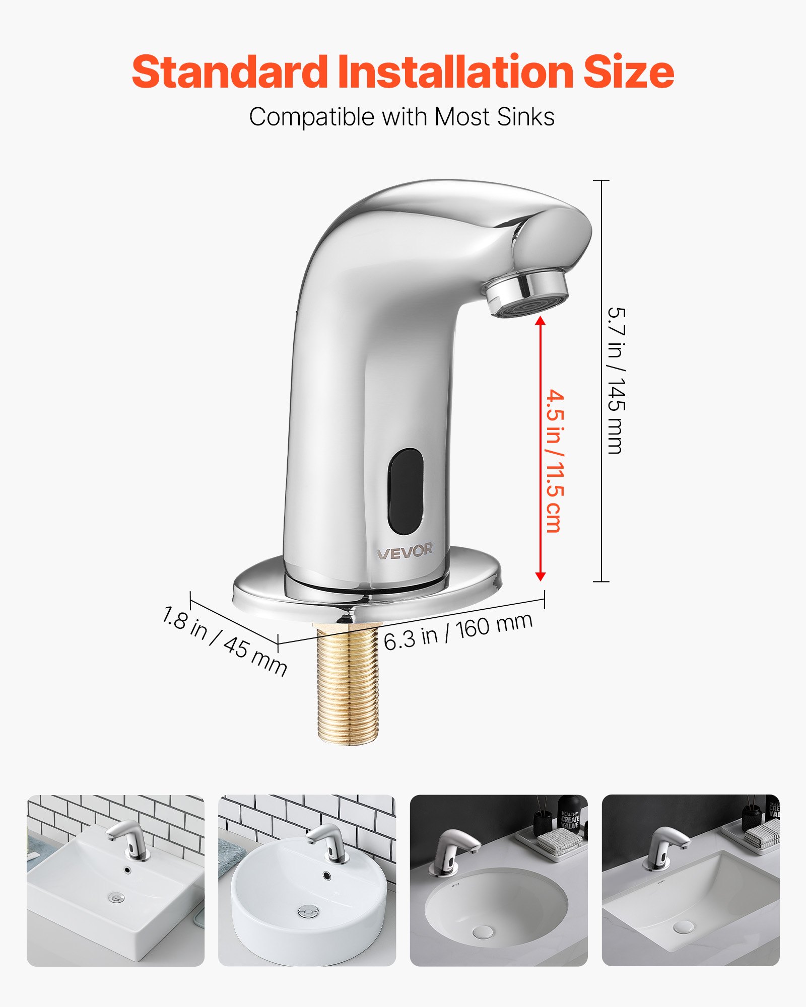 VEVOR Aanraakloze wastafelkraan (verchroomd zilver G112M) Badkamer, wastafelkraan met sensor en afdekking, kraan op batterijen, toiletkraan, wastafelkraan