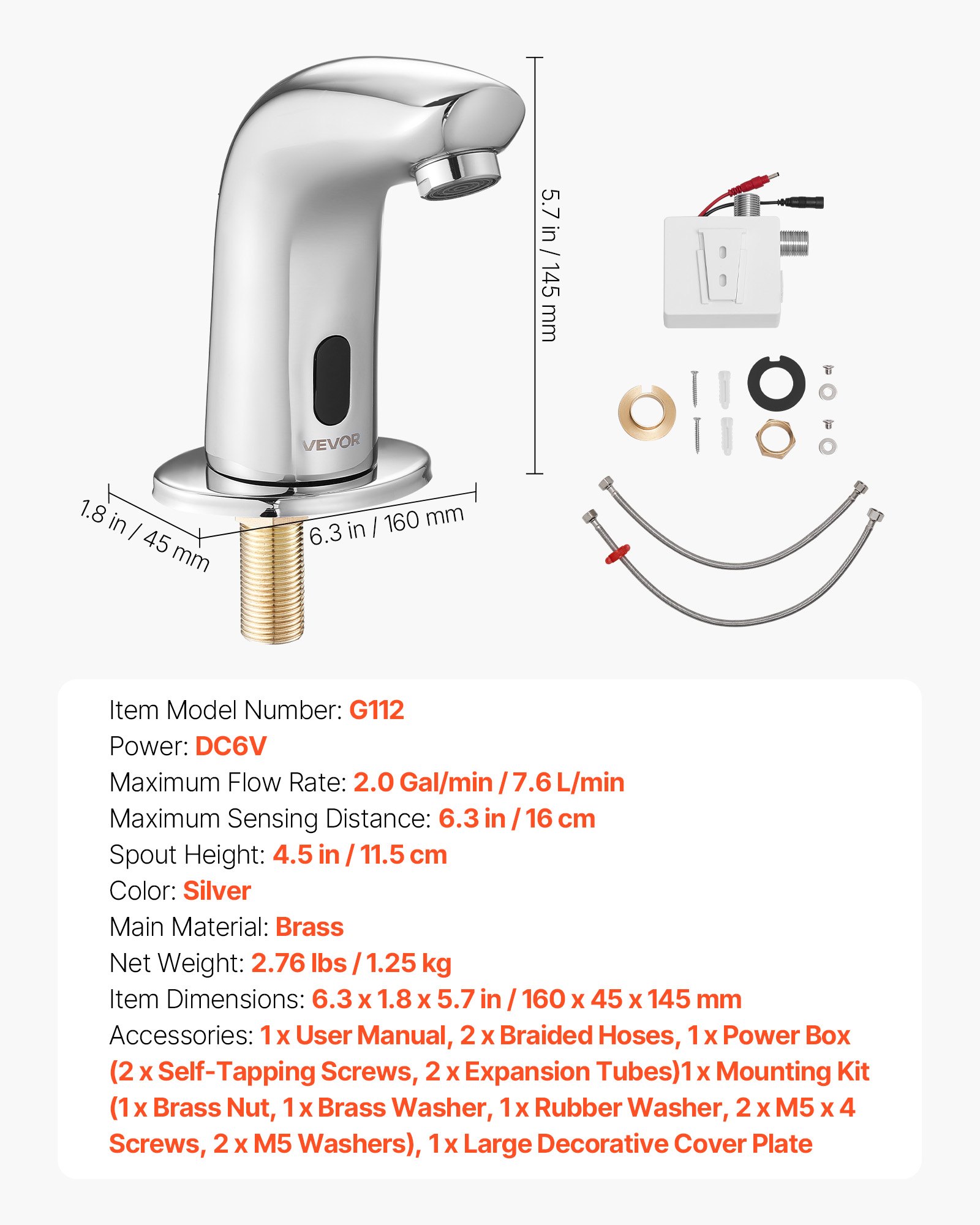 VEVOR Aanraakloze wastafelkraan (verchroomd zilver G112M) Badkamer, wastafelkraan met sensor en afdekking, kraan op batterijen, toiletkraan, wastafelkraan