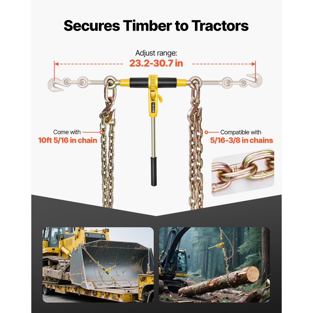 VEVOR Ratelspanner met sjorkettingen G80 8 mm x 3 m, set van 2, spankracht 3629 kg, kettingspanner met 2 grijphaken, transportkettingbevestigingen voor ladingzekering, transport, platte oplegger