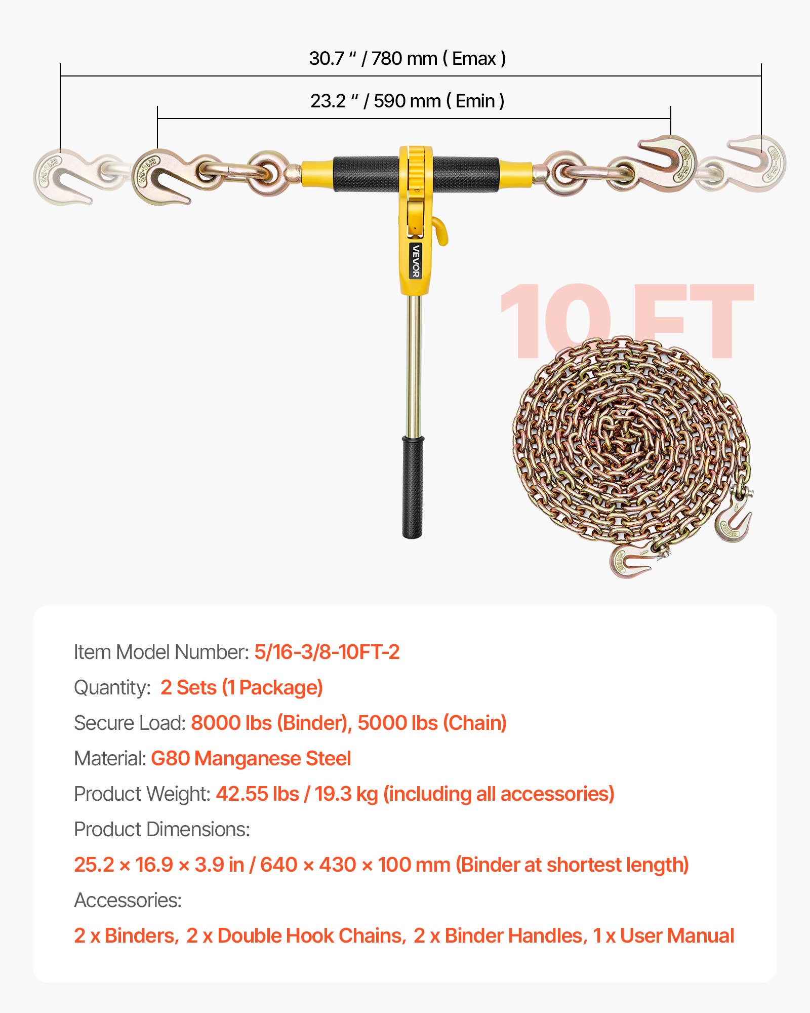 VEVOR Ratelspanner met sjorkettingen G80 8 mm x 3 m, set van 2, spankracht 3629 kg, kettingspanner met 2 grijphaken, transportkettingbevestigingen voor ladingzekering, transport, platte oplegger