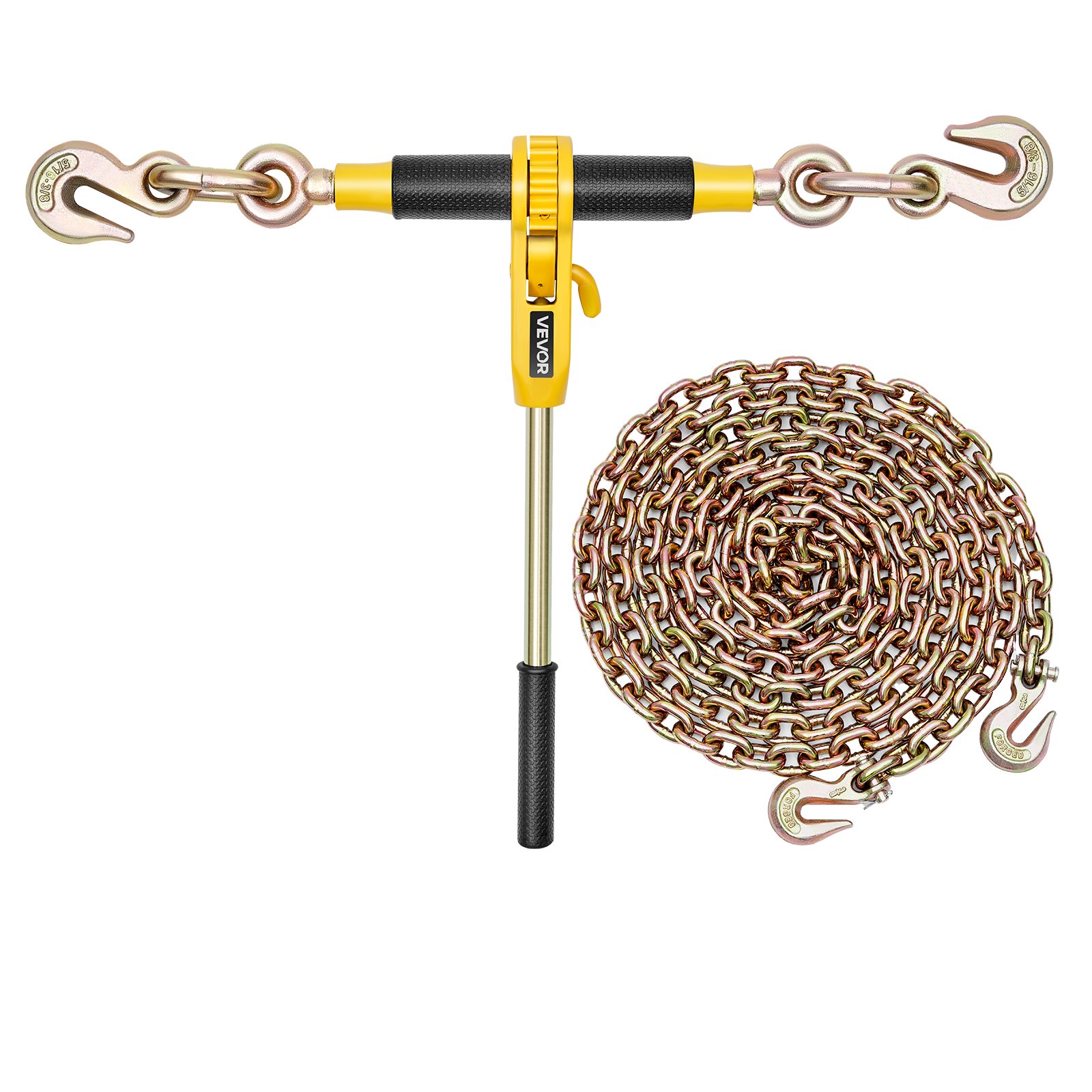 VEVOR Ratelspanner met sjorkettingen G80 8 mm x 3 m, set van 2, spankracht 3629 kg, kettingspanner met 2 grijphaken, transportkettingbevestigingen voor ladingzekering, transport, platte oplegger