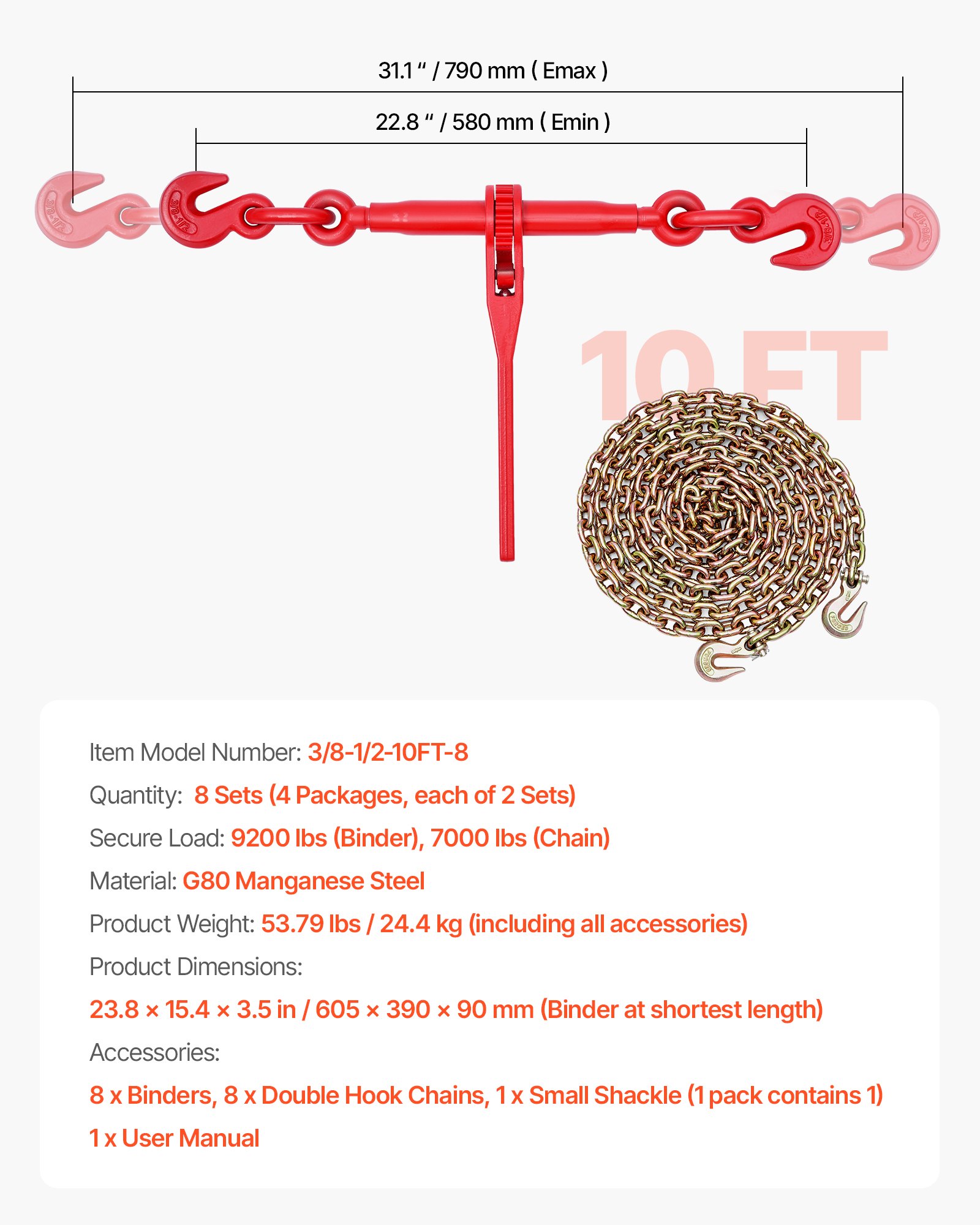 VEVOR Ratelspanner met sjorkettingen G80 10 mm x 3 m, set van 8, spankracht 4173 kg, kettingbinders met 2 haken, transportkettingbevestigingen, voor ladingzekering, transport, platte opleggers