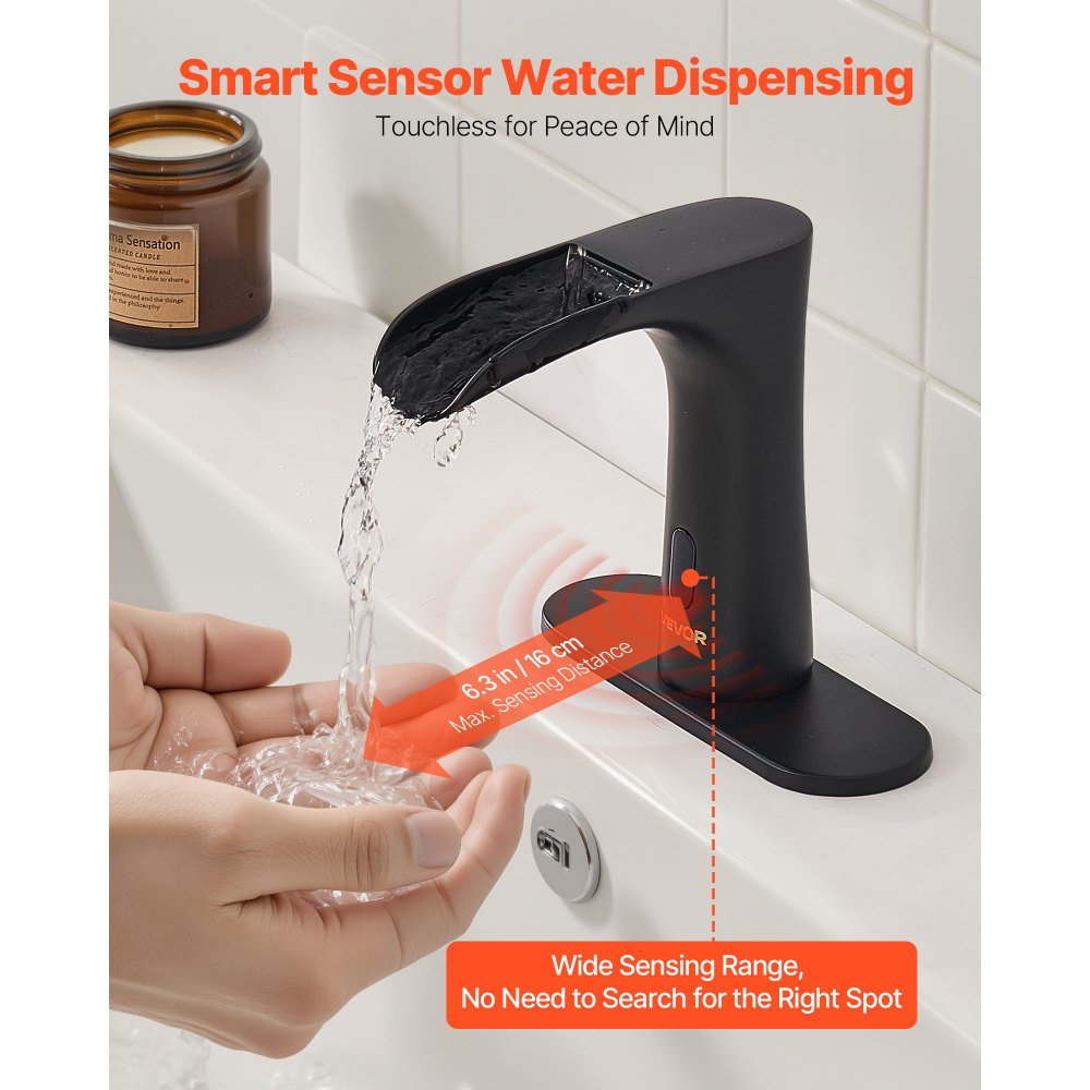 VEVOR Touchless Bathroom Sink Faucet, Automatic Motion Sensor Waterfall Restroom Toilet Faucet with Hole Cover Plate, Modern Electronic Sensor Hot/Cold Water for 9.5 mm Pipe Commercial,Matte Black