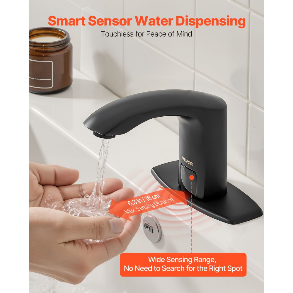 VEVOR Touchless wastafelkraan (matzwart) Automatische wastafelkraan voor in de badkamer, handsfree verstelbare sensorkraan (koud/warm), kraan op batterijen, toiletkraan