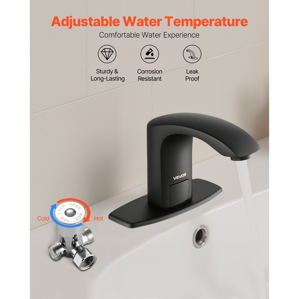 VEVOR Touchless wastafelkraan (matzwart) Automatische wastafelkraan voor in de badkamer, handsfree verstelbare sensorkraan (koud/warm), kraan op batterijen, toiletkraan