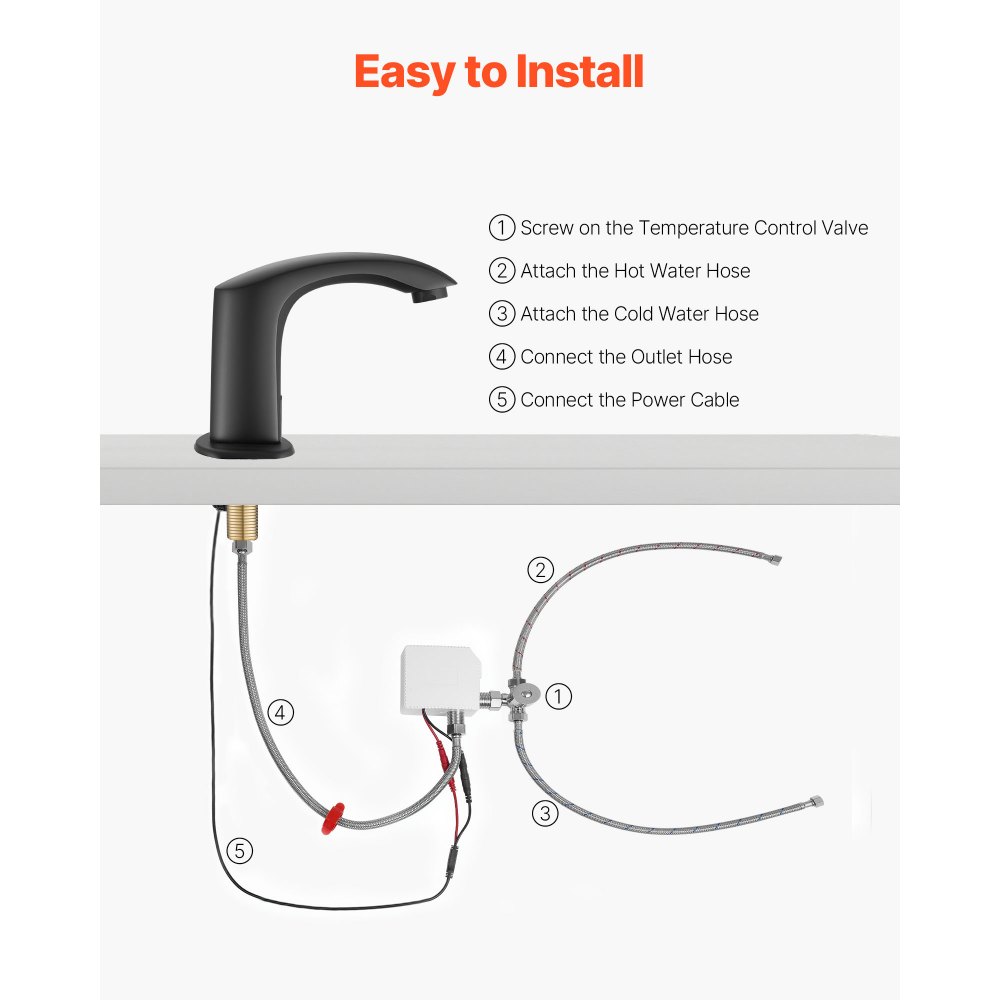 VEVOR Touchless wastafelkraan (matzwart) Automatische wastafelkraan voor in de badkamer, handsfree verstelbare sensorkraan (koud/warm), kraan op batterijen, toiletkraan