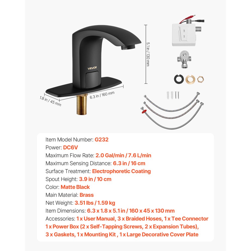 VEVOR Touchless wastafelkraan (matzwart) Automatische wastafelkraan voor in de badkamer, handsfree verstelbare sensorkraan (koud/warm), kraan op batterijen, toiletkraan