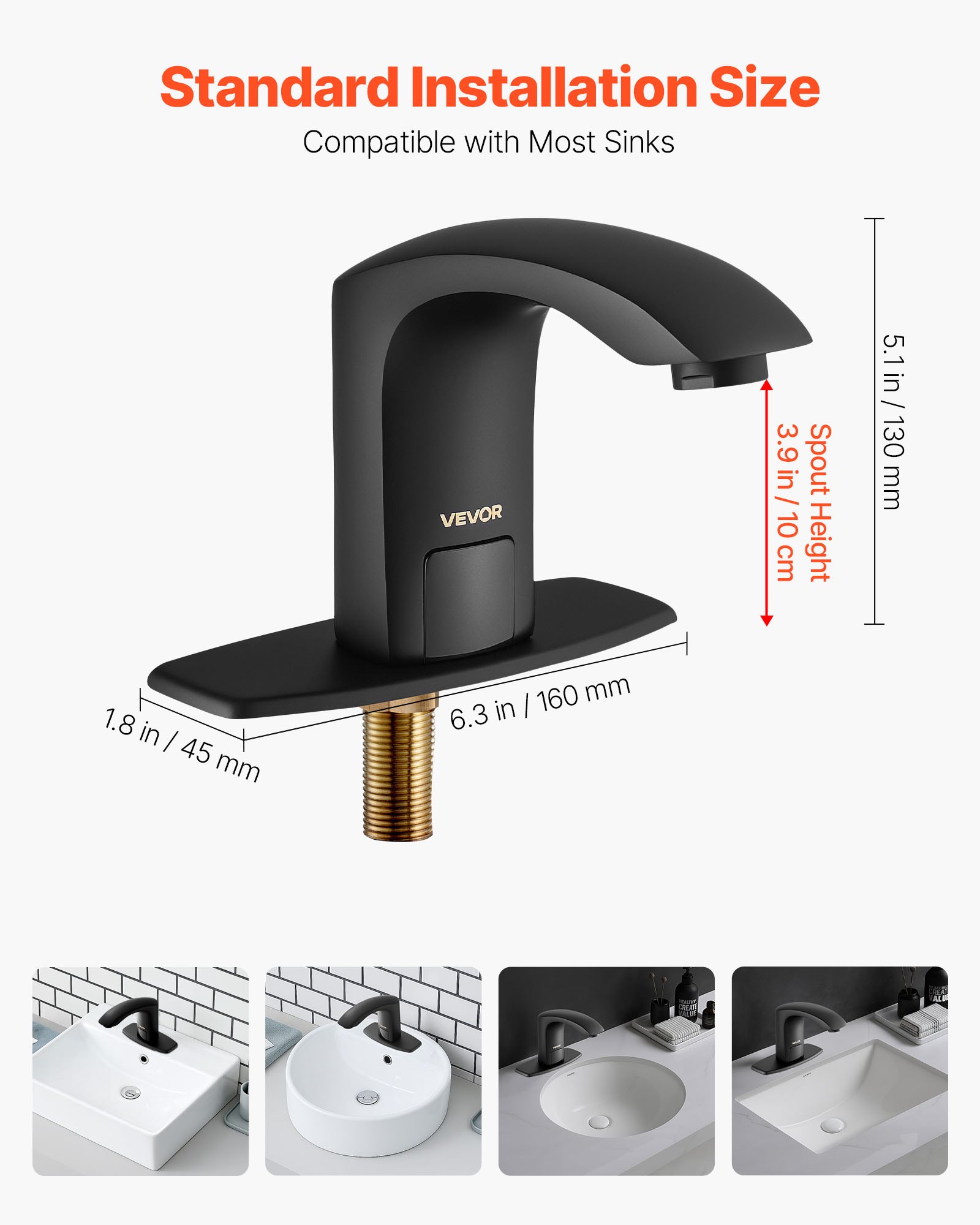 VEVOR Touchless wastafelkraan (matzwart) Automatische wastafelkraan voor in de badkamer, handsfree verstelbare sensorkraan (koud/warm), kraan op batterijen, toiletkraan