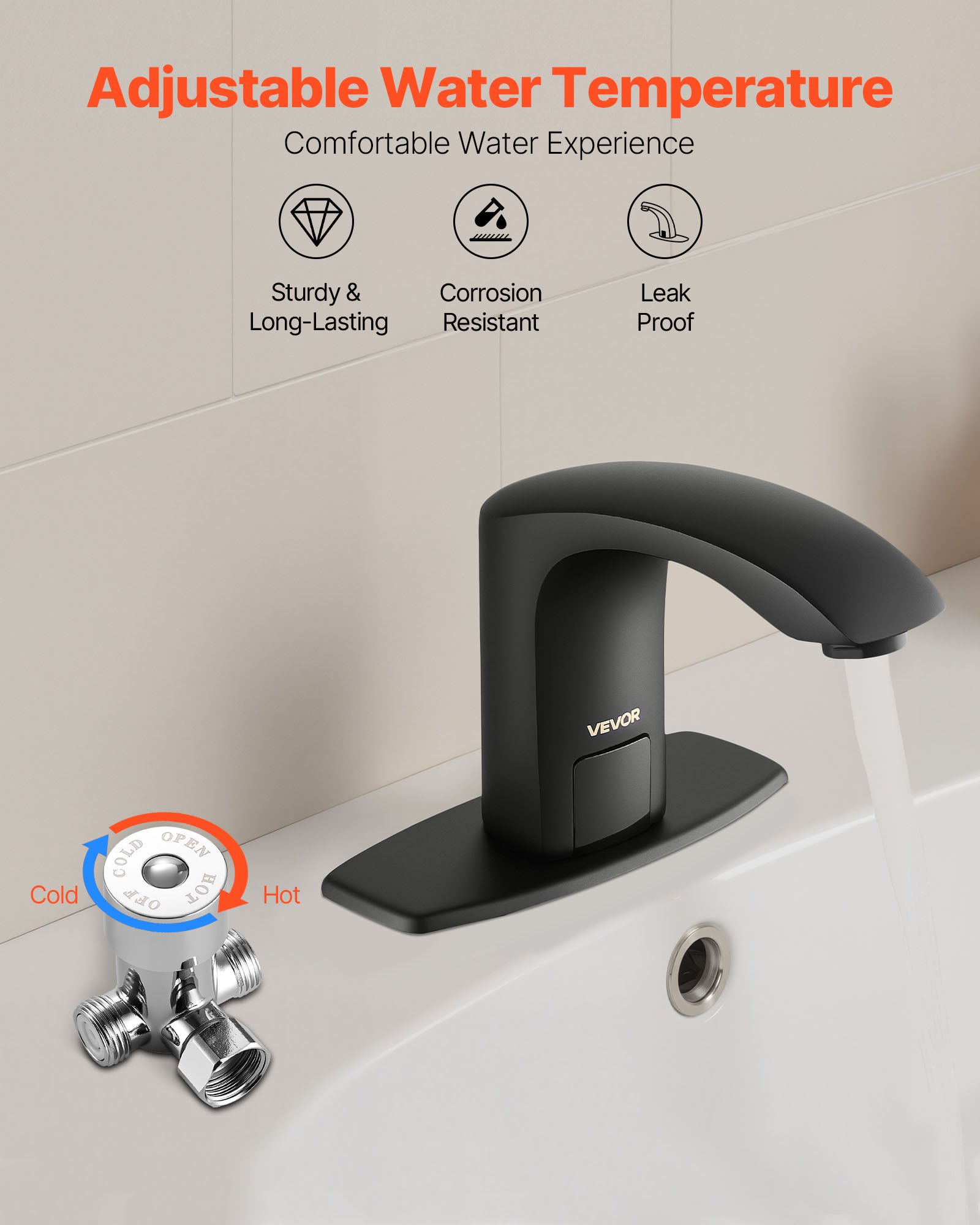 VEVOR Touchless wastafelkraan (matzwart) Automatische wastafelkraan voor in de badkamer, handsfree verstelbare sensorkraan (koud/warm), kraan op batterijen, toiletkraan