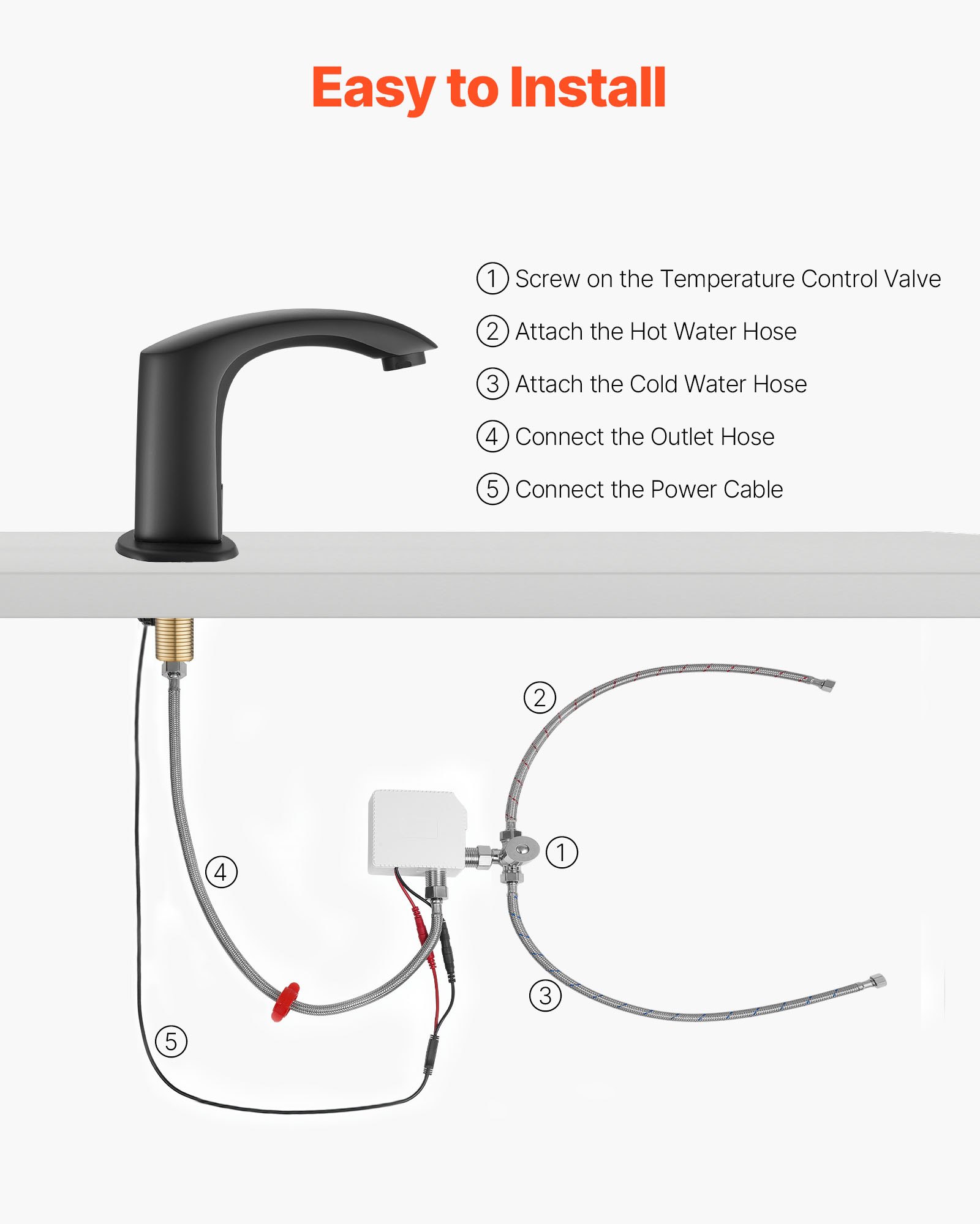 VEVOR Touchless wastafelkraan (matzwart) Automatische wastafelkraan voor in de badkamer, handsfree verstelbare sensorkraan (koud/warm), kraan op batterijen, toiletkraan