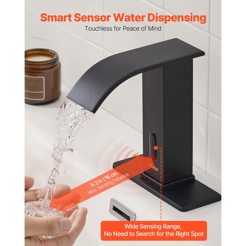 VEVOR Aanraakloze wastafelkraan (matzwart) Badkamer, Automatische wastafelkraan met afdekking, Kraan op batterijen, Commerciële toiletkraan, Sensorkraan met waterval