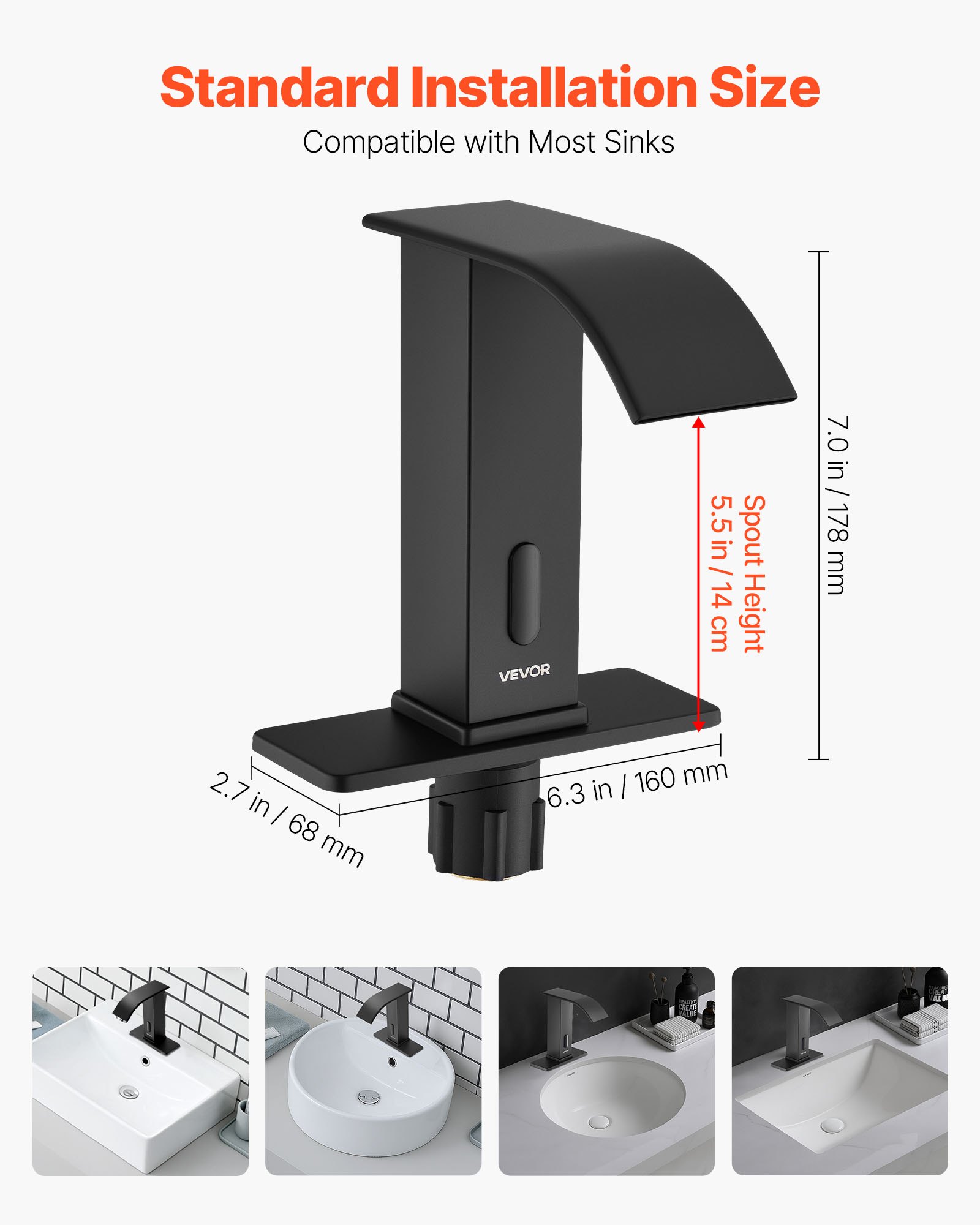 VEVOR Touchless Bathroom Sink Faucet, Automatic Motion Sensor Waterfall Restroom Toilet Faucet with Hole Cover Plate, Battery Operated,Hot/Cold Water for 9.5 mm Pipe Commercial Lavatory,Matte Black