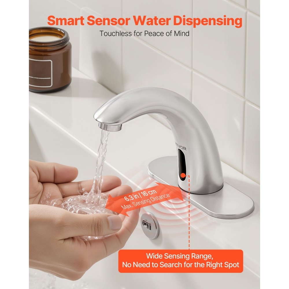VEVOR Touchless wastafelkraan (geborsteld nikkel) Automatische wastafelkraan, handsfree toiletkraan, kraan op batterijen met instelbare koude/warme temperatuur