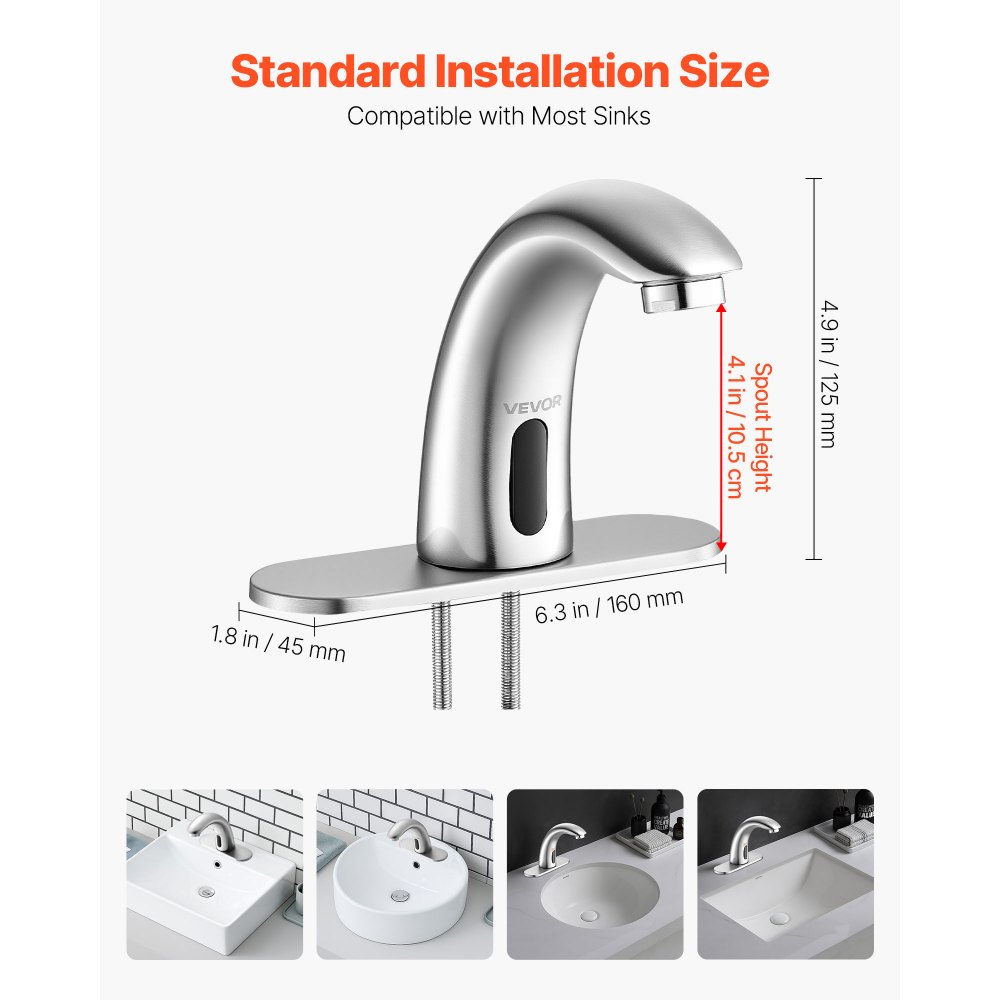 VEVOR Touchless wastafelkraan (geborsteld nikkel) Automatische wastafelkraan, handsfree toiletkraan, kraan op batterijen met instelbare koude/warme temperatuur