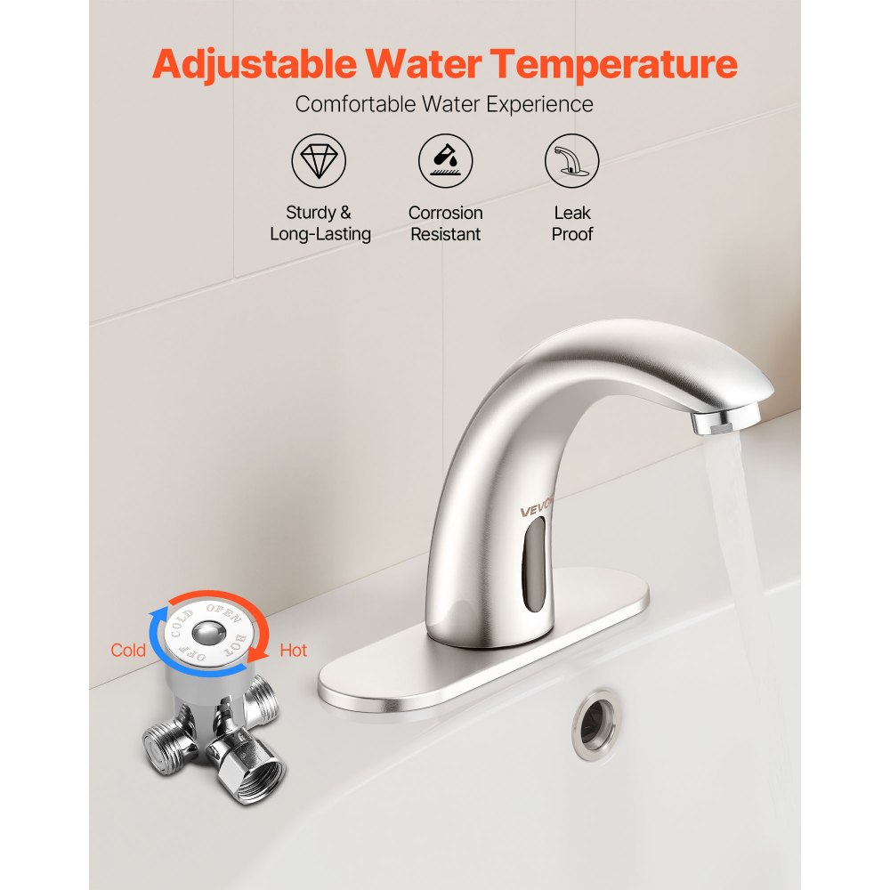 VEVOR Touchless wastafelkraan (geborsteld nikkel) Automatische wastafelkraan, handsfree toiletkraan, kraan op batterijen met instelbare koude/warme temperatuur