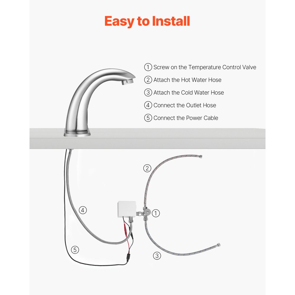 VEVOR Touchless wastafelkraan (geborsteld nikkel) Automatische wastafelkraan, handsfree toiletkraan, kraan op batterijen met instelbare koude/warme temperatuur