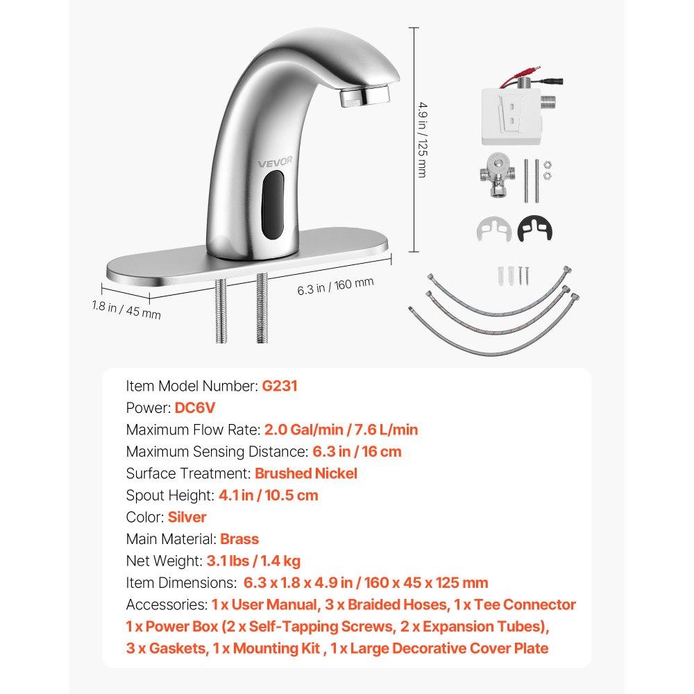 VEVOR Touchless wastafelkraan (geborsteld nikkel) Automatische wastafelkraan, handsfree toiletkraan, kraan op batterijen met instelbare koude/warme temperatuur