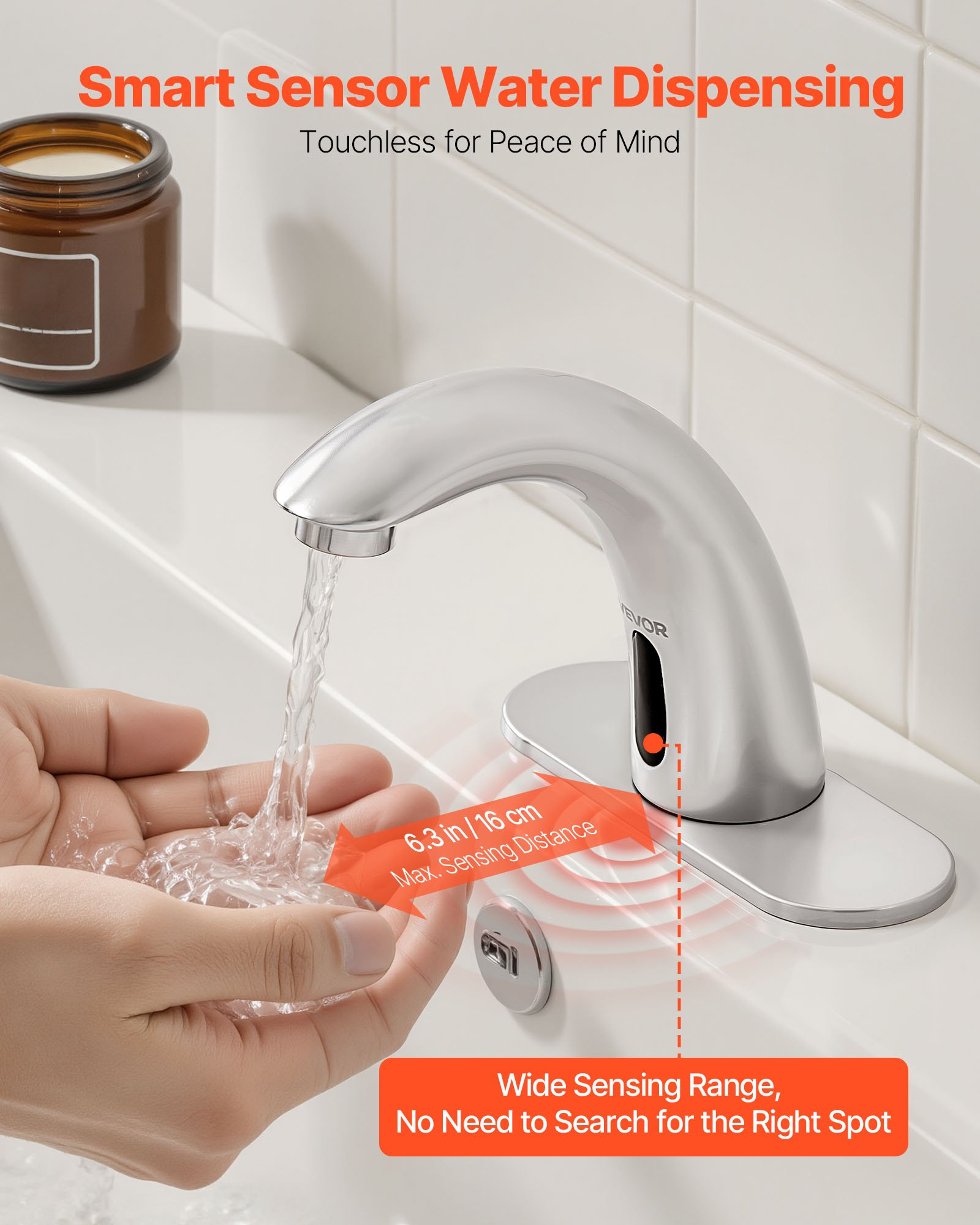 VEVOR Touchless wastafelkraan (geborsteld nikkel) Automatische wastafelkraan, handsfree toiletkraan, kraan op batterijen met instelbare koude/warme temperatuur