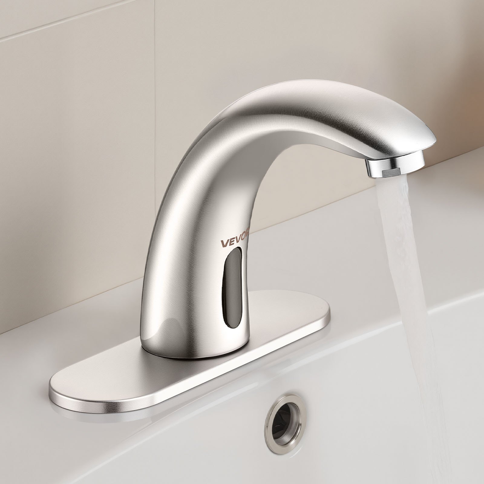 VEVOR Touchless wastafelkraan (geborsteld nikkel) Automatische wastafelkraan, handsfree toiletkraan, kraan op batterijen met instelbare koude/warme temperatuur