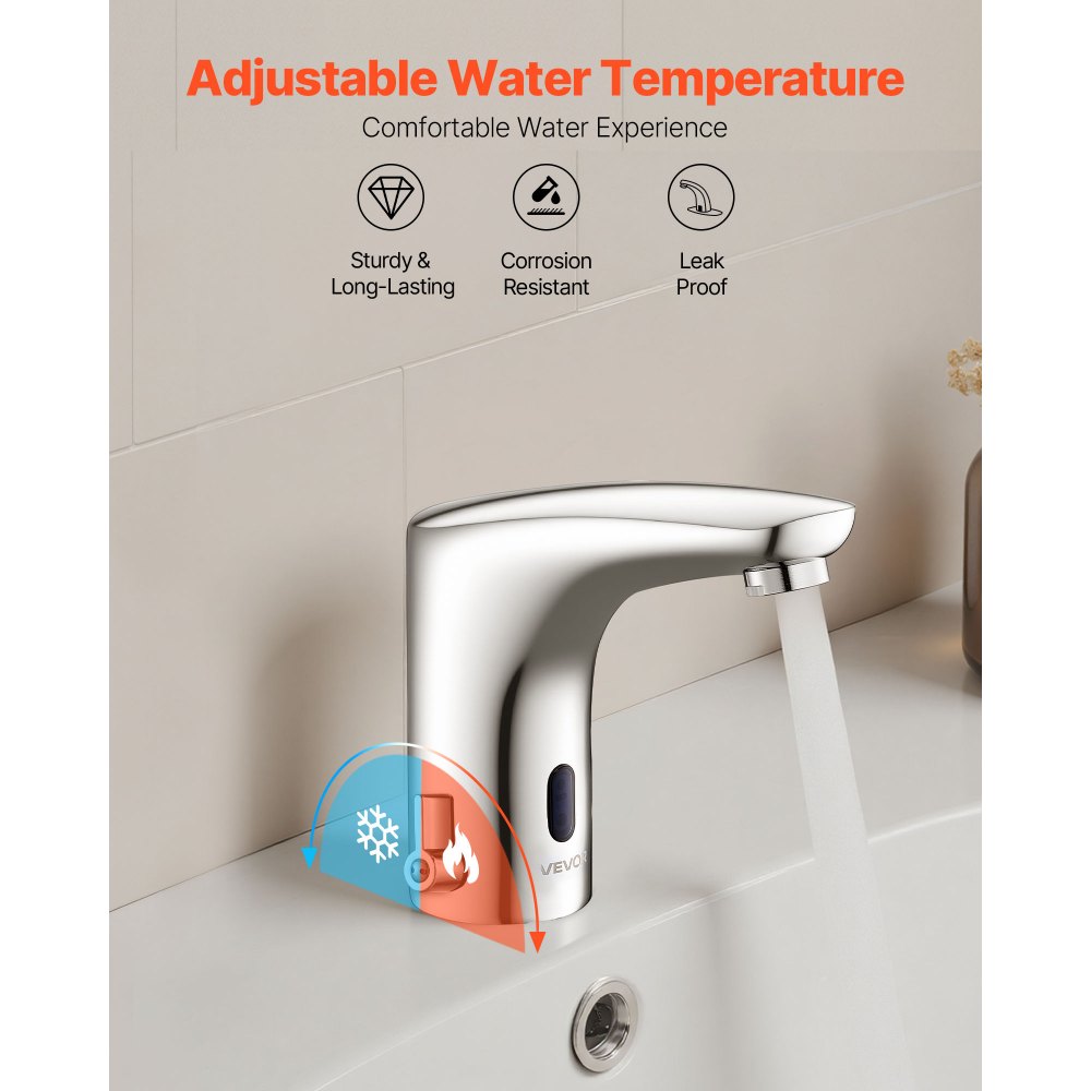 VEVOR Touchless wastafelkraan (verchroomd zilver) Automatische wastafelkraan voor in de badkamer, handsfree verstelbare eengreepsmengkraan, op batterijen werkende sensorkraan, verchroomd zilver