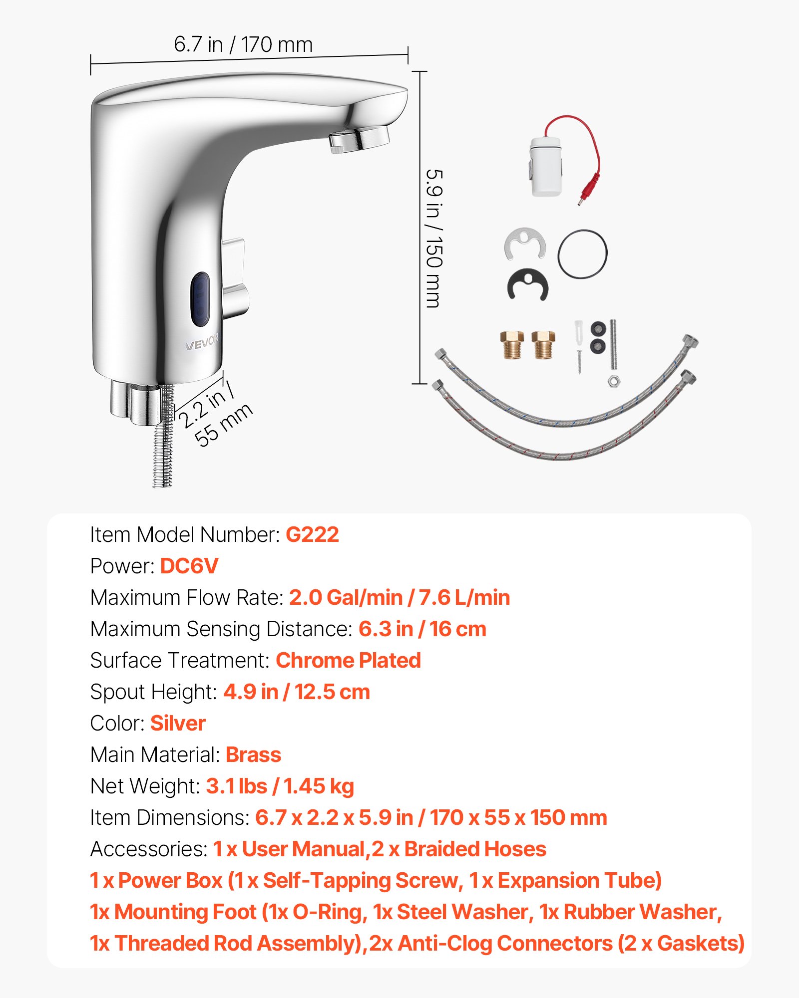 VEVOR Touchless Bathroom Sink Faucet, Automatic Motion Sensor Restroom Toilet Faucet, Hands-Free Adjustable Cold Hot Single Handle Water Mixer Battery Operated for 9.5 mm Pipe,Chrome Plated Silver
