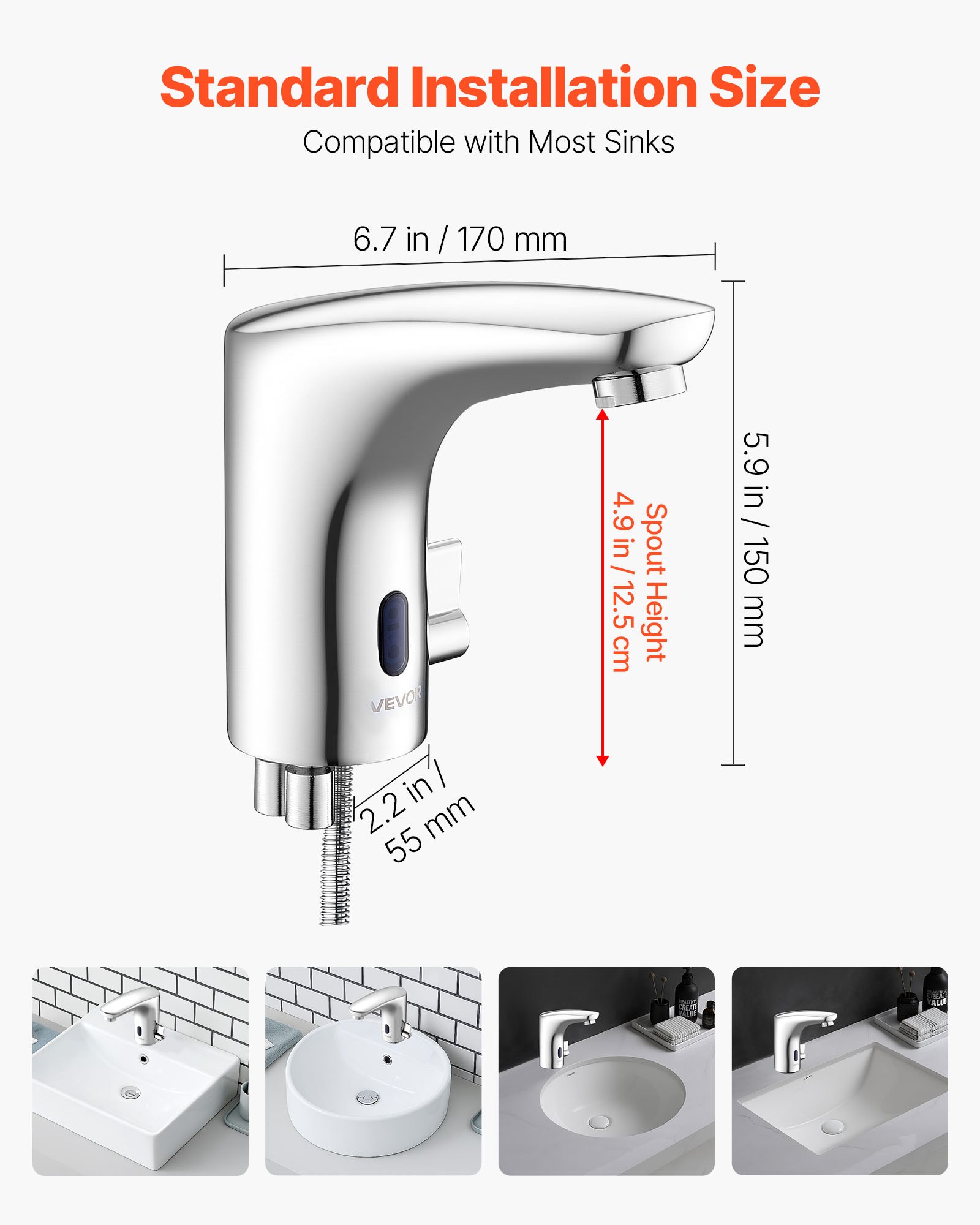 VEVOR Touchless wastafelkraan (verchroomd zilver) Automatische wastafelkraan voor in de badkamer, handsfree verstelbare eengreepsmengkraan, op batterijen werkende sensorkraan, verchroomd zilver