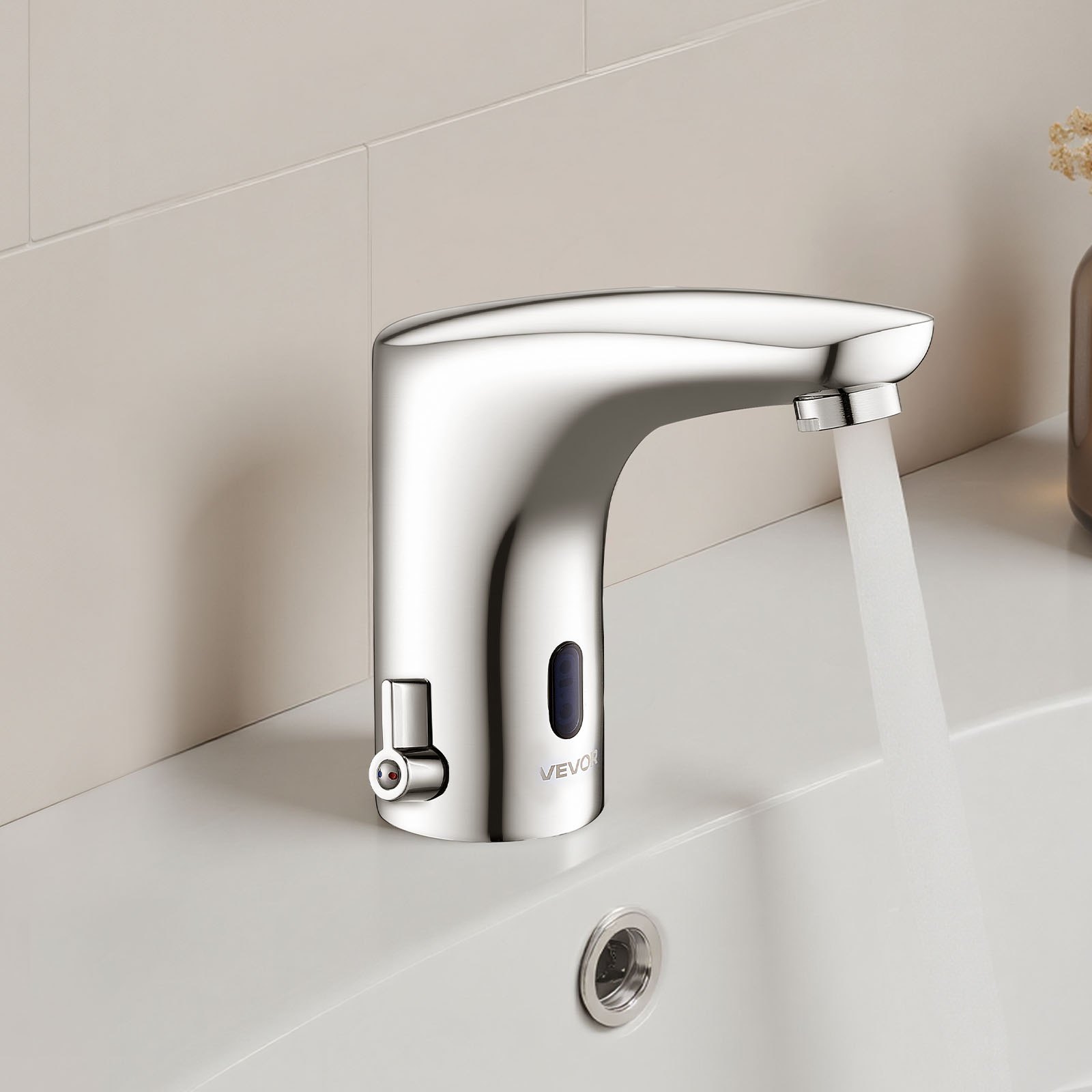 VEVOR Touchless wastafelkraan (verchroomd zilver) Automatische wastafelkraan voor in de badkamer, handsfree verstelbare eengreepsmengkraan, op batterijen werkende sensorkraan, verchroomd zilver