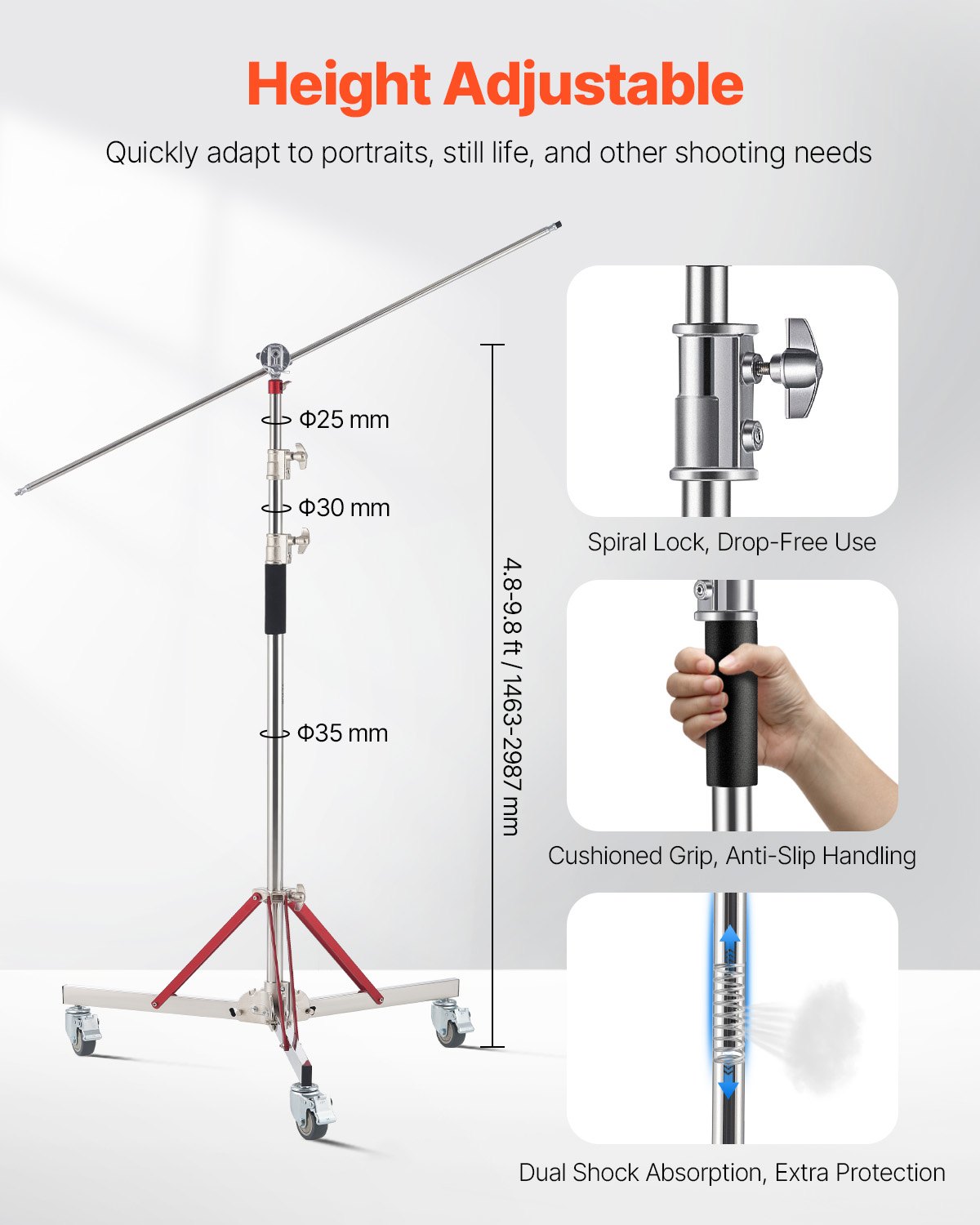 VEVOR Heavy Duty Light Stand with Casters, Max Height 10.5 ft/320 cm, Adjustable Tripod Stand with Stainless Steel, Photography Wheeled Base Stand, for Studio Softbox, Monolight, Reflector Shooting
