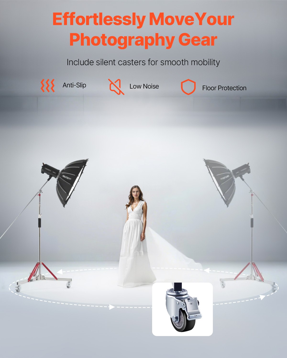 VEVOR Heavy Duty Light Stand with Casters, Max Height 10.5 ft/320 cm, Adjustable Tripod Stand with Stainless Steel, Photography Wheeled Base Stand, for Studio Softbox, Monolight, Reflector Shooting