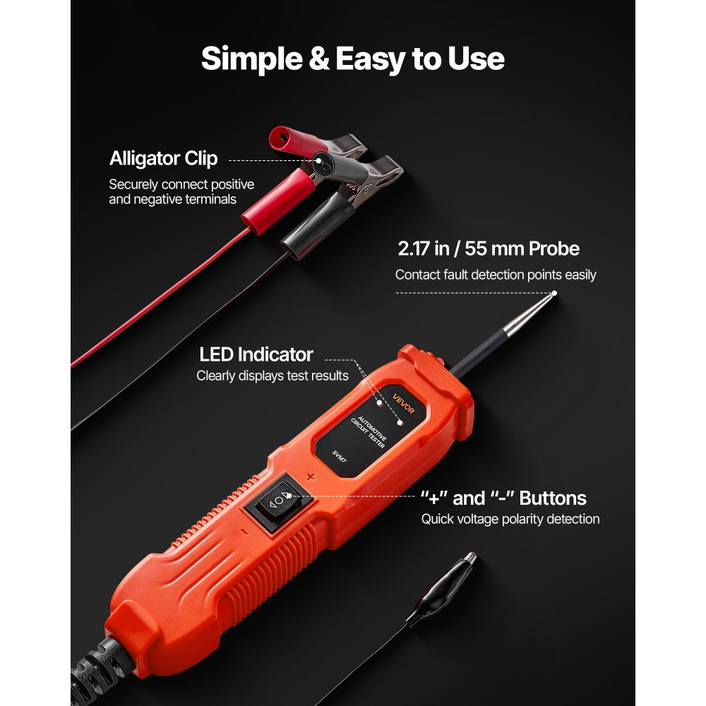 VEVOR Automotive Circuit Tester Elektrische tester met circuitsonde en verlichting, 6-36 DCV-circuittester met 4 m kabel en ABS-behuizing, elektrische detectorzoeker voor sedan, SUV, camper, vrachtwagen