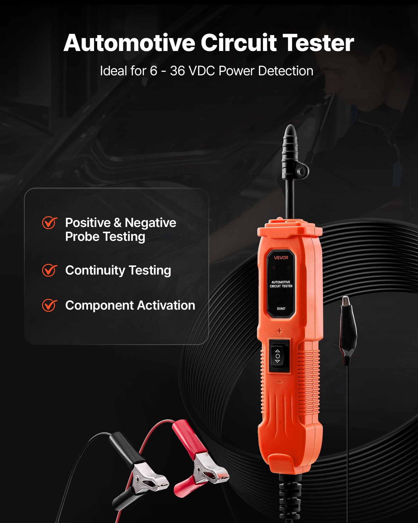 VEVOR Automotive Circuit Tester Elektrische tester met circuitsonde en verlichting, 6-36 DCV-circuittester met 4 m kabel en ABS-behuizing, elektrische detectorzoeker voor sedan, SUV, camper, vrachtwagen