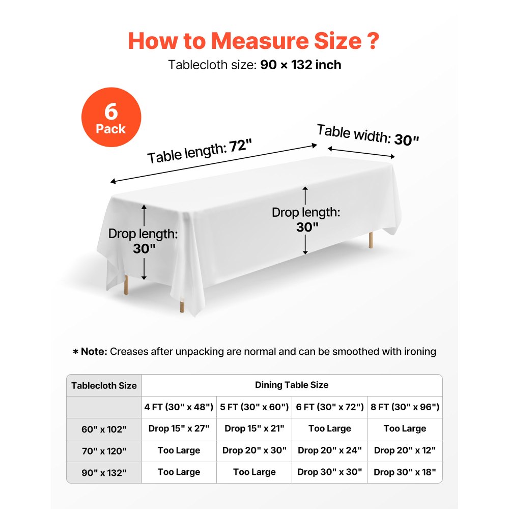 VEVOR White Tablecloths for Rectangle Tables, 6 Pack, 90 x 132 Inches, Reusable and Machine Washable Table Clothes, Wrinkle-Resistant Polyester Fabric Table Covers for Wedding, Party, Banquet