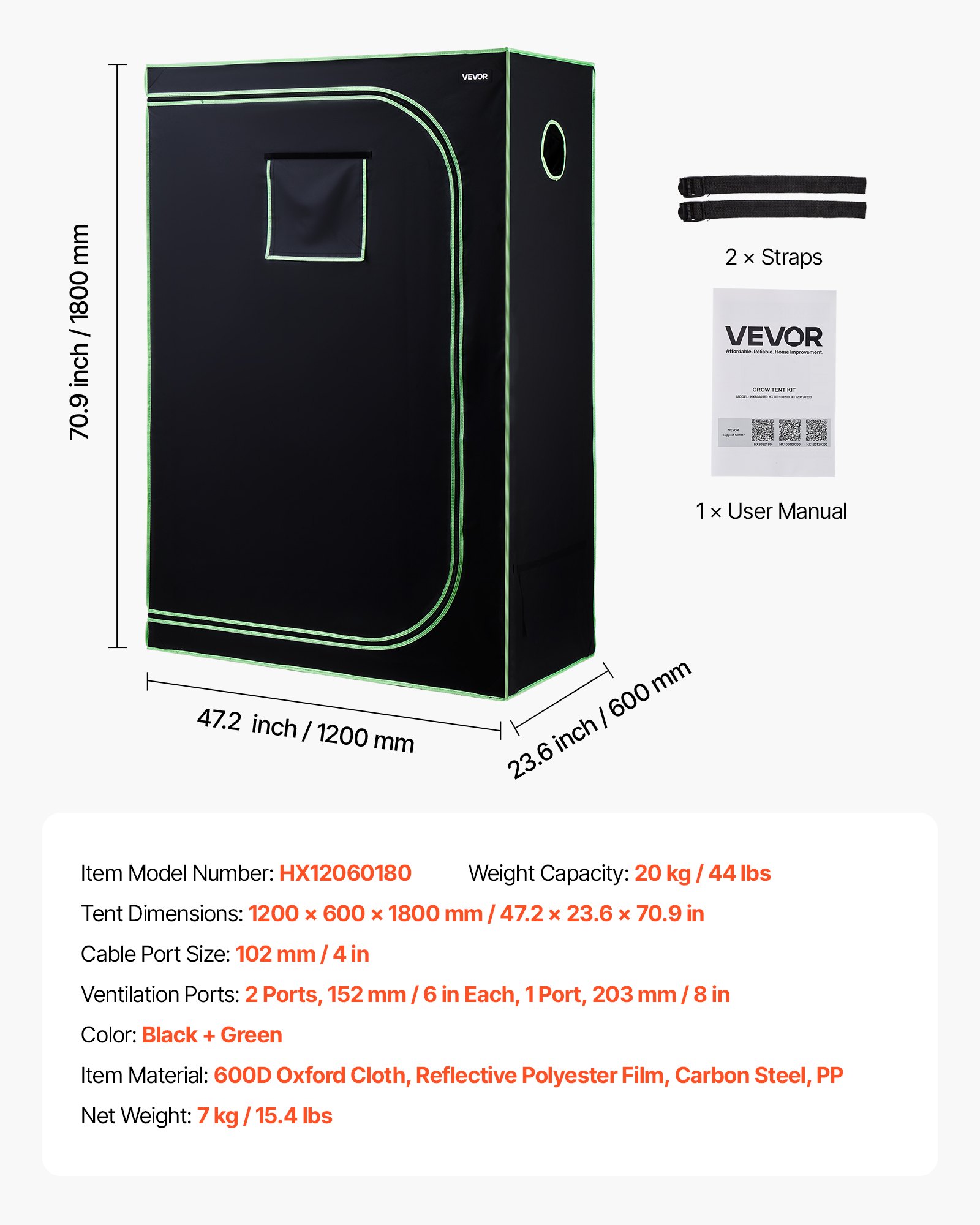 VEVOR kweektent, 120x60x180 cm, kweekkast 600D, sterk reflecterend mylar, binnenplantentent met observatievenster, grondbak en ritssluiting, kweektent voor fruit, bloemen en groenten
