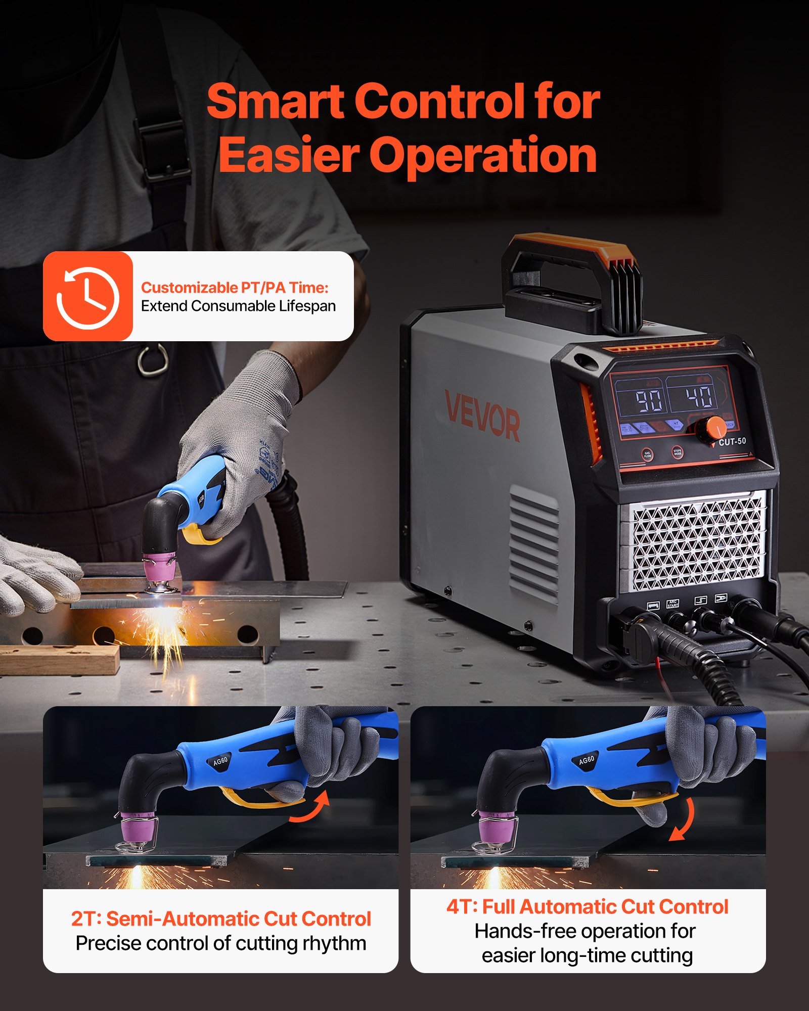 VEVOR Plasma Cutter, 50A Non-Touch Pilot Arc Plasma Cutting Machine, 220V Digital Display IGBT Inverter with 2T/4T Function & Adjustable PA/PT Time for Home Repairs, Workshops