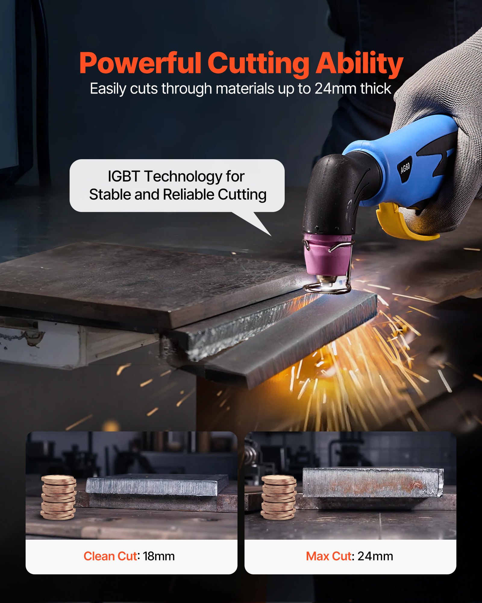 VEVOR Plasma Cutter, 60A Non-Touch Pilot Arc Plasma Cutting Machine, Digital Display IGBT Inverter - with 2T/4T Function & Adjustable PA/PT Time for Industrial Use (400V 3-Phase Power Supply)