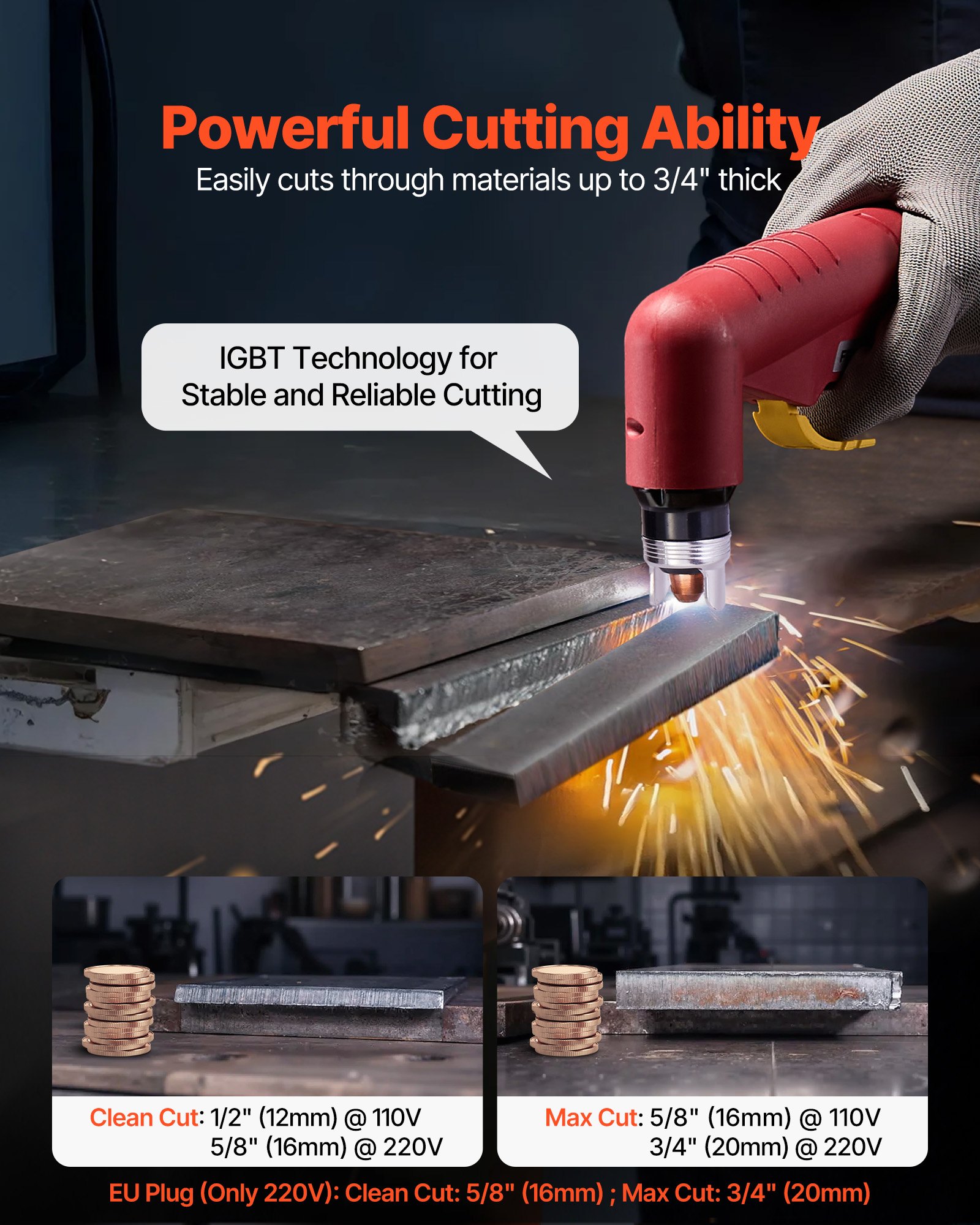 VEVOR Plasma Cutter, 65A Non-Touch Pilot Arc Plasma Cutting Machine Non-High Frequency - with 2T/4T Function & Adjustable PT Time, Digital Display IGBT Inverter for Home Repairs, Workshops