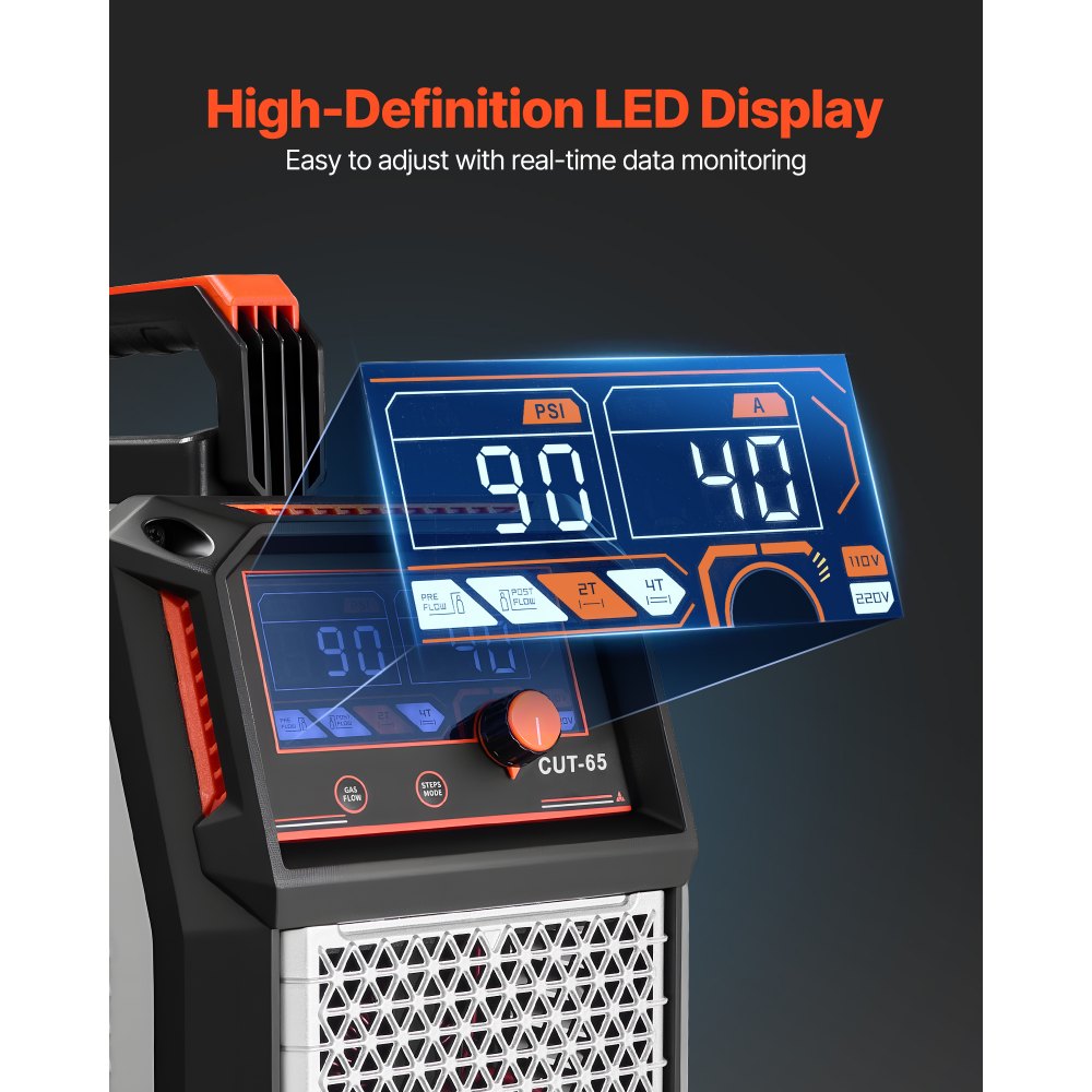 VEVOR Plasma Cutter, 65A Non-Touch Pilot Arc Plasma Cutting Machine, 220V Digital Display IGBT Inverter with 2T/4T Function & Adjustable PA/PT Time for Home Repairs, Workshops