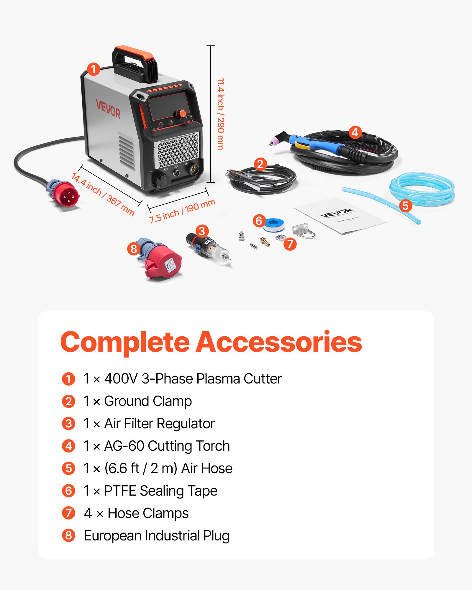VEVOR Plasma Cutter, 60A Plasma Cutting Machine, Digital Display IGBT Inverter Cutter Machine with 2T/4T Function & Adjustable PA/PT Time for Industrial Use (400V 3-Phase Power Supply)